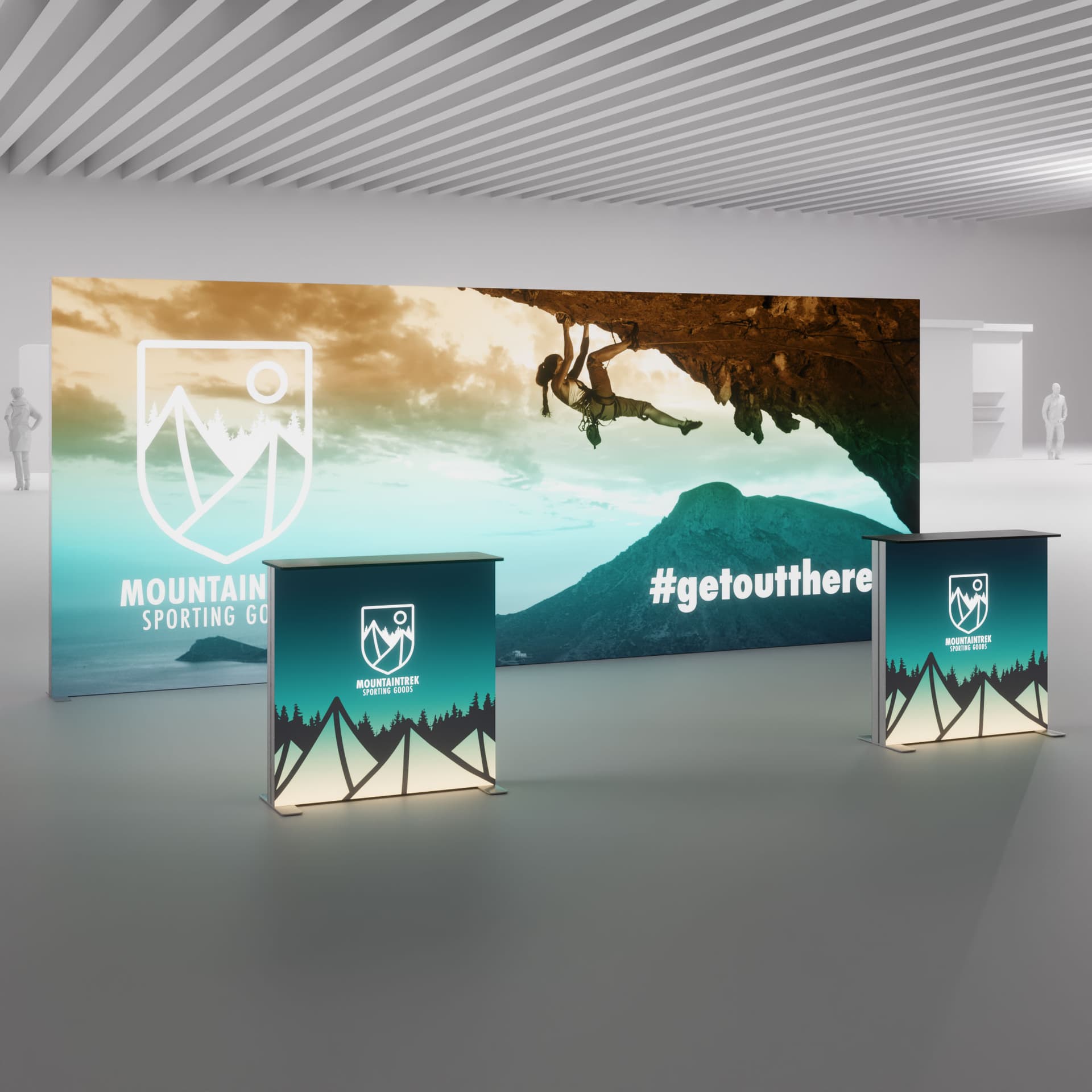20' SEG light box display with counter in a room showing the scale of the impressive backwall