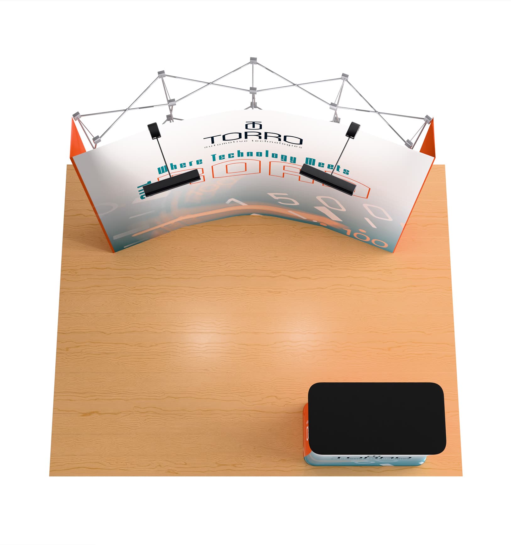 Curved pop up trade show booth with two LED spotlights 