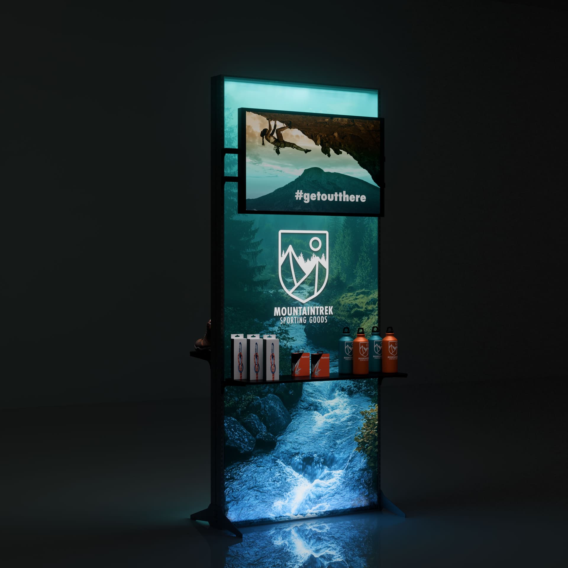 Double-Sided Lightbox Monitor Stand with Shelving features built-in LED lights