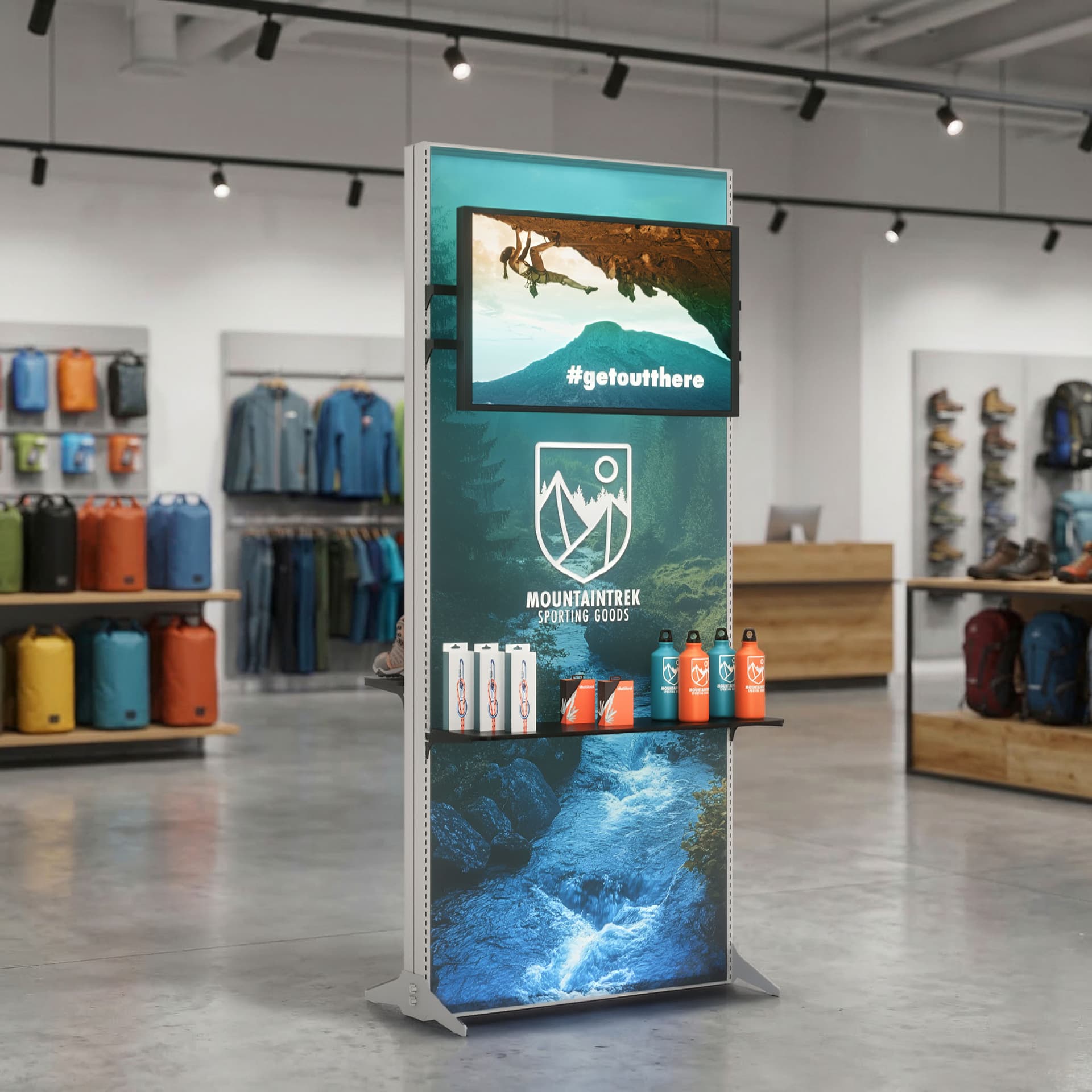 Double-Sided Lightbox Monitor Stand with Shelving in a retail store