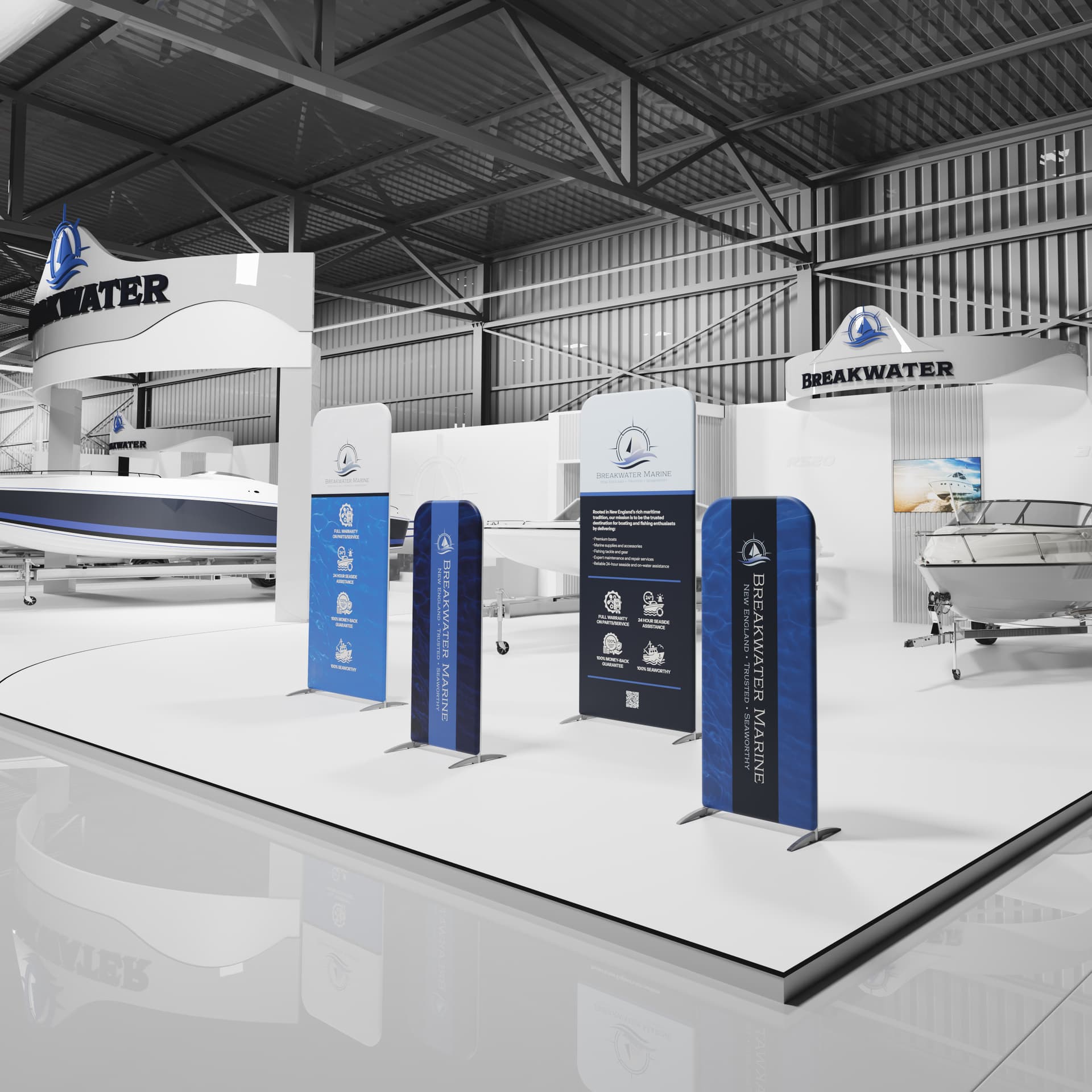 Foldable Trade Show Display in both 3.5' x 7.5' and 2' x 5' sizes in a boating exhibit at a trade show