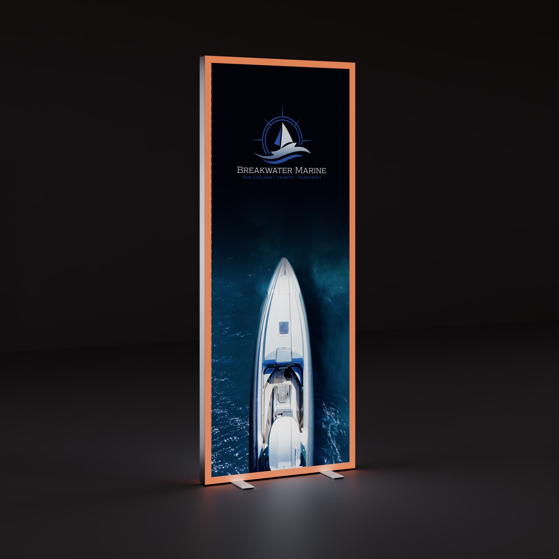 Trade Show Light Box with RGB Frame illuminated in a dark room