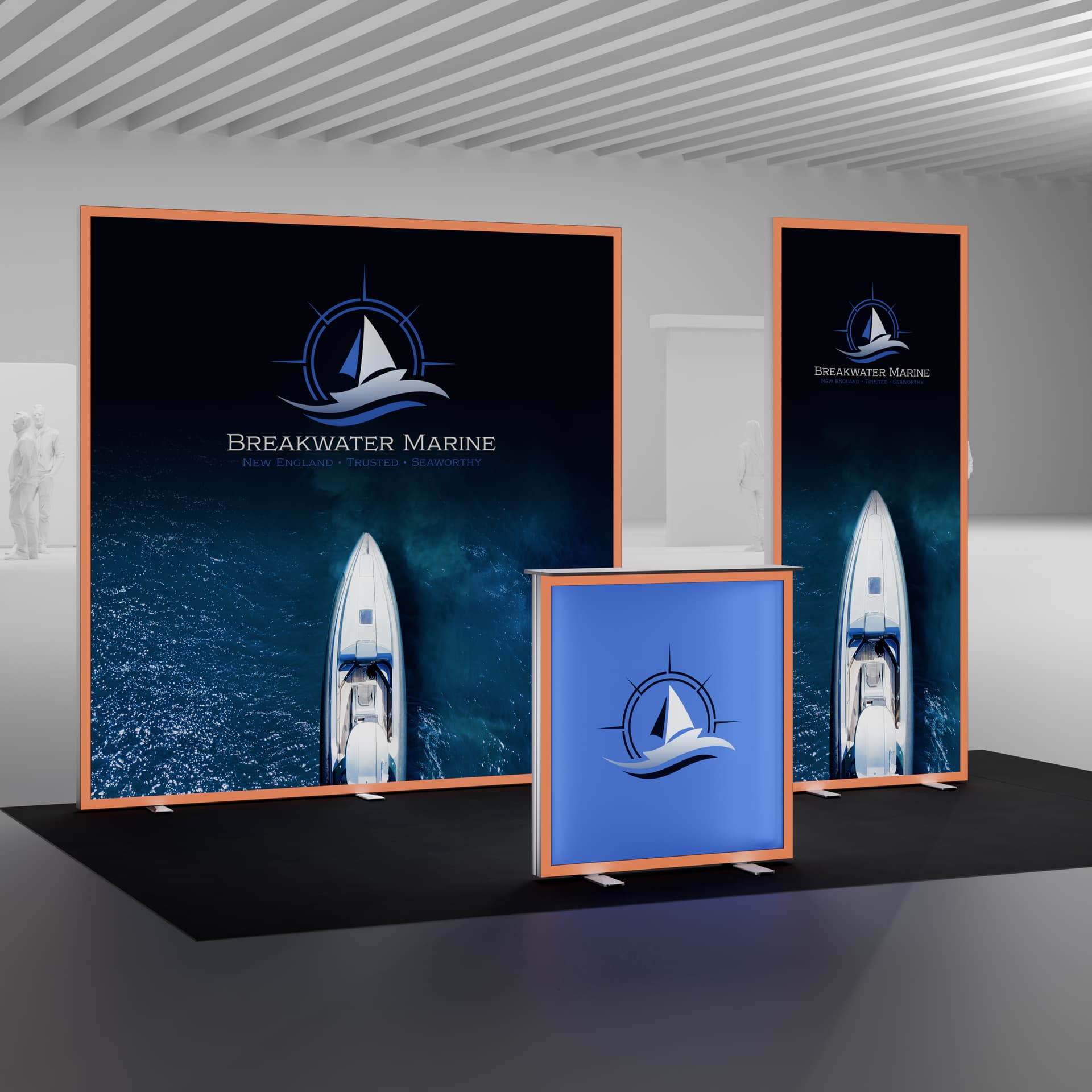 Trade Show Light Box with RGB Frame with the compatible 8' x 8' illuminated backwall and illuminated counter