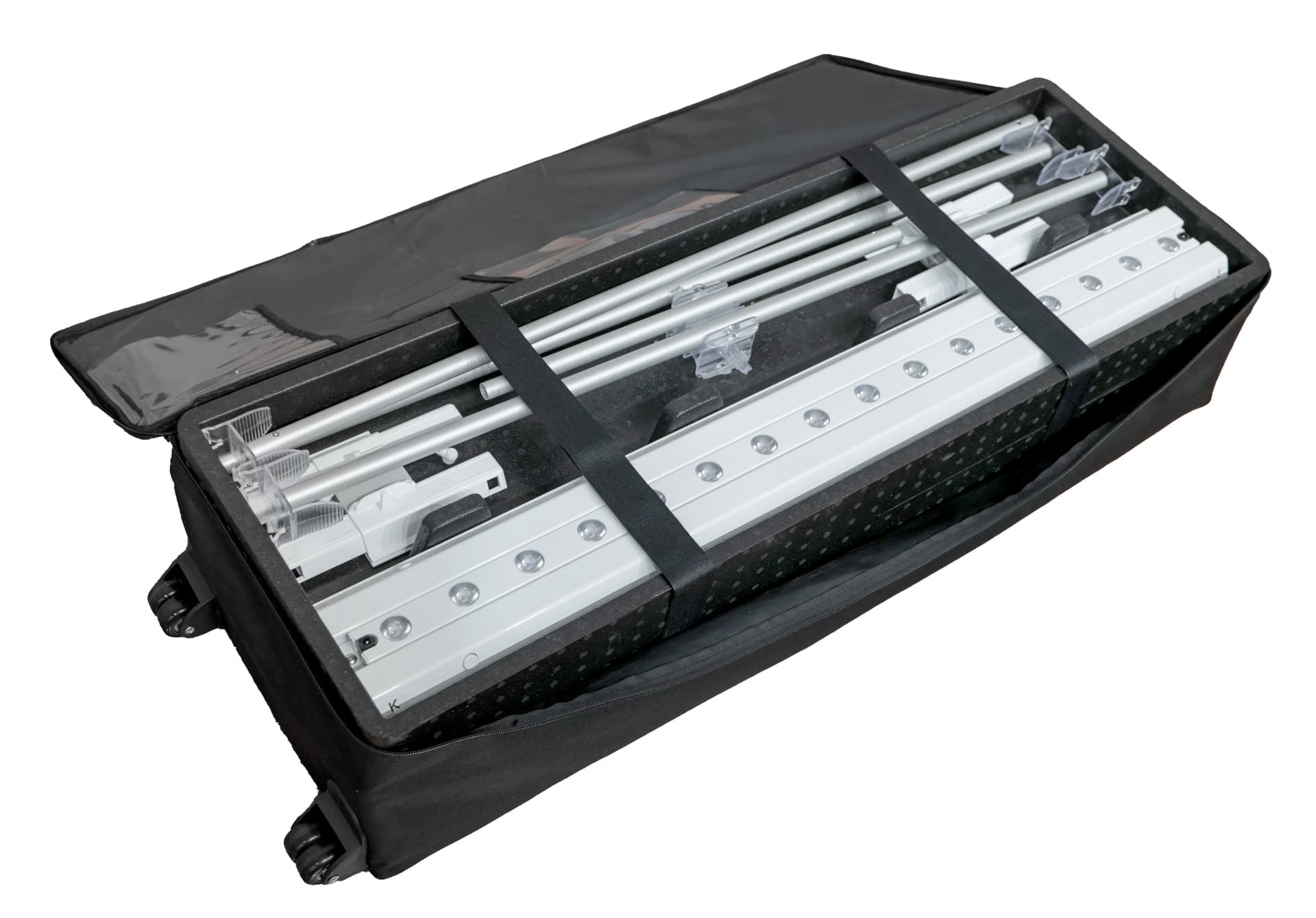 20' SEG light box display with counter packed into carrying bag with wheels