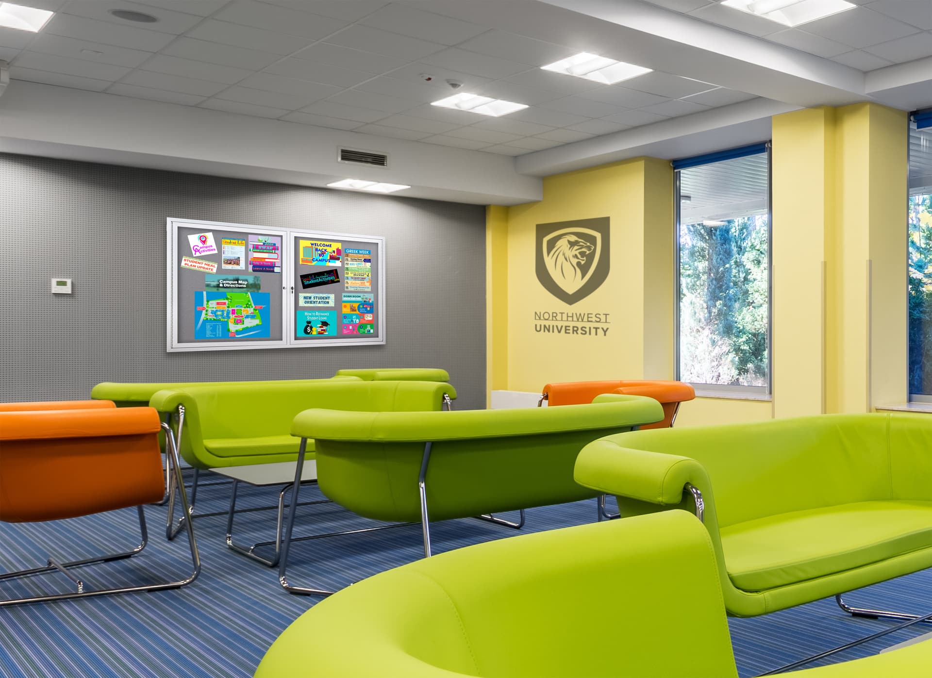 Enclosed polycarbonate bulletin board with campus information in student lounge