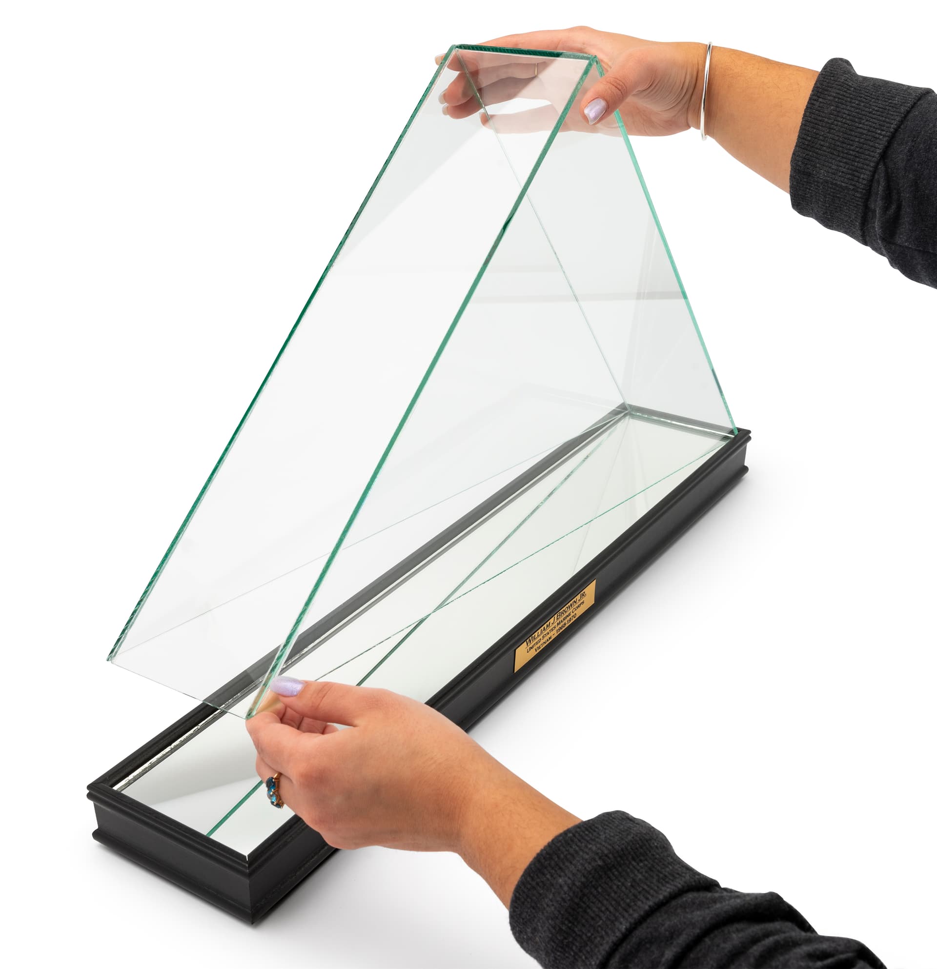 Personalized plaque flag display with glass hood 