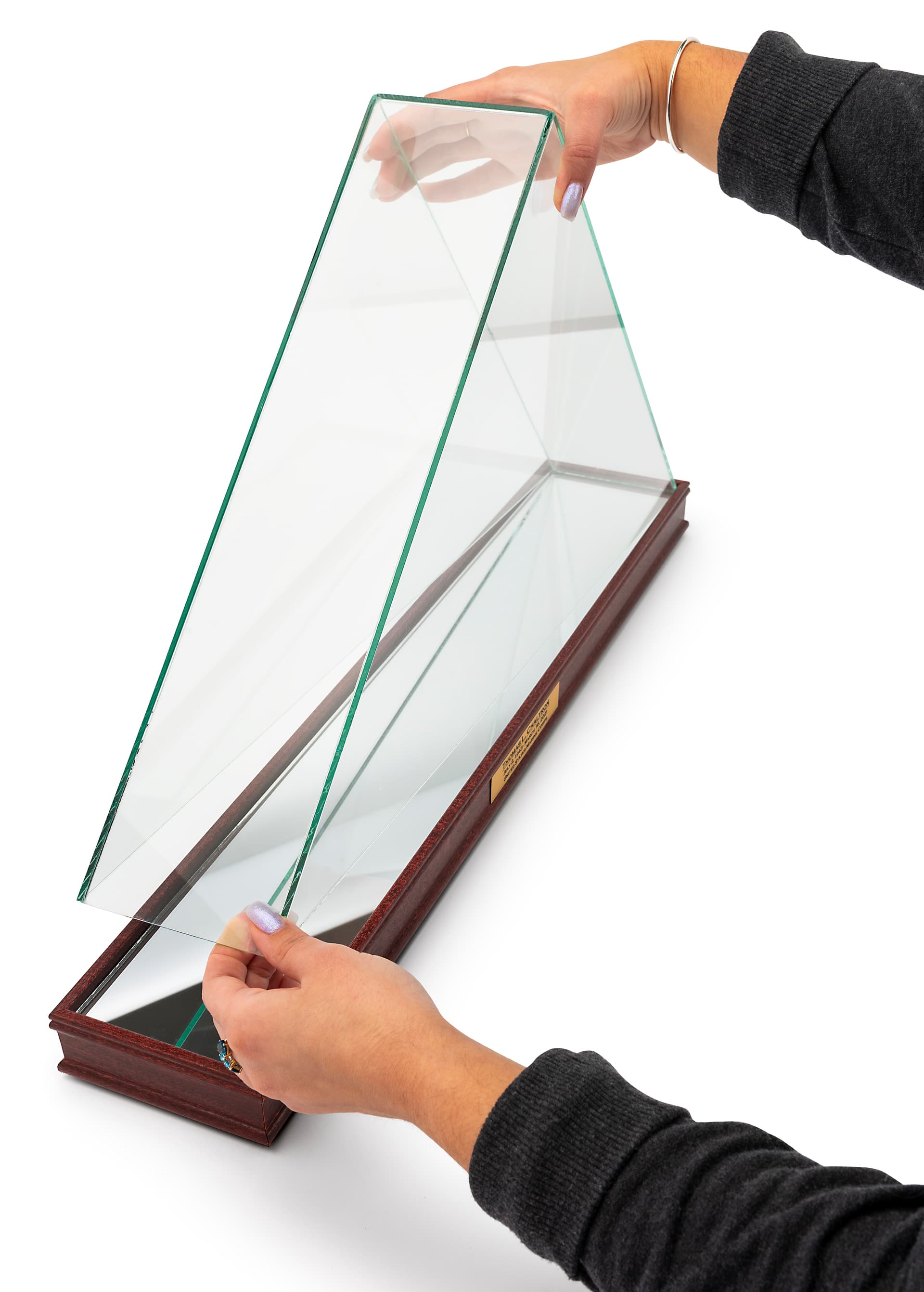 Commemorative American flag display with 50% UV protected glass hood 