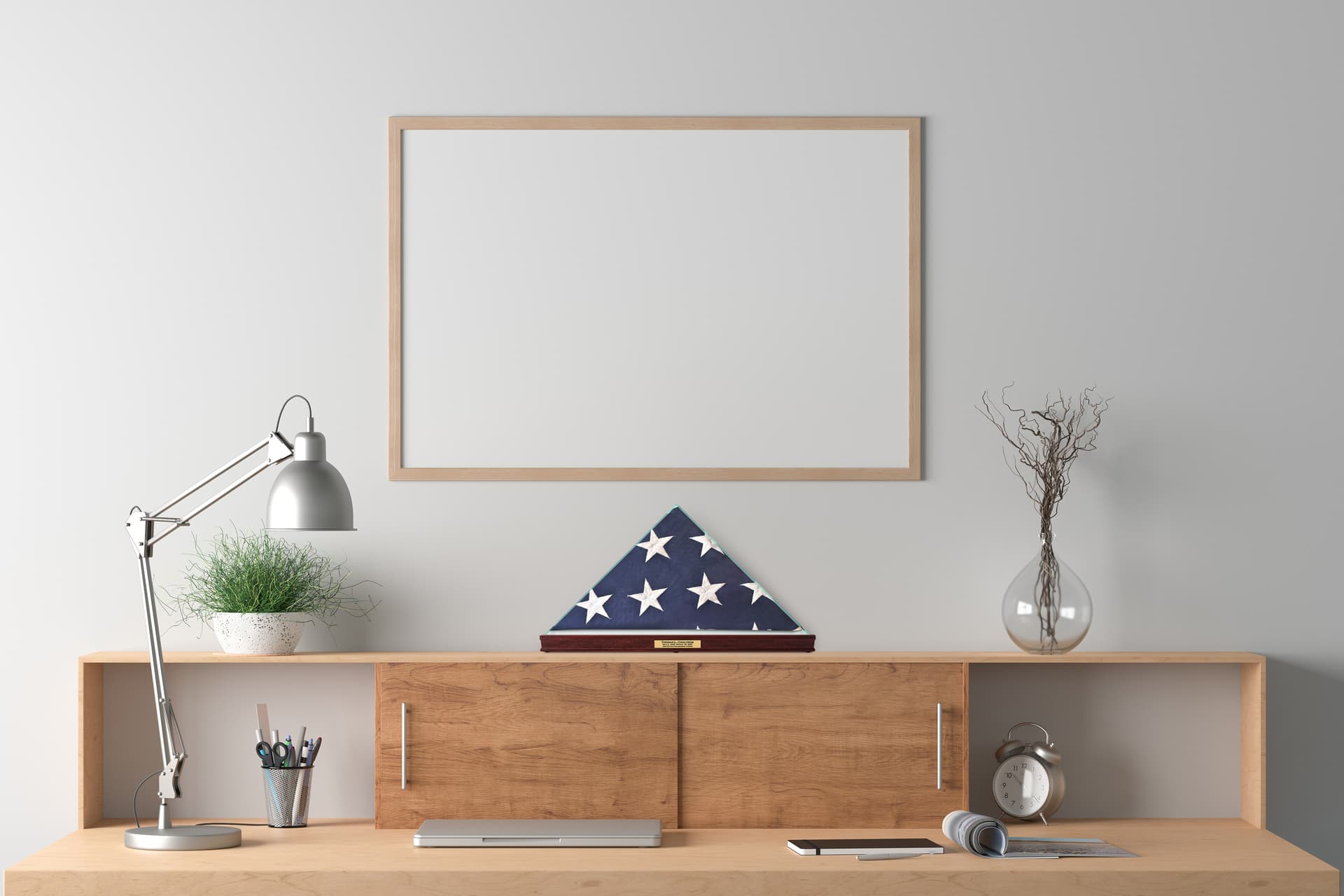 Commemorative American flag display is great for showcasing military memorabilia 