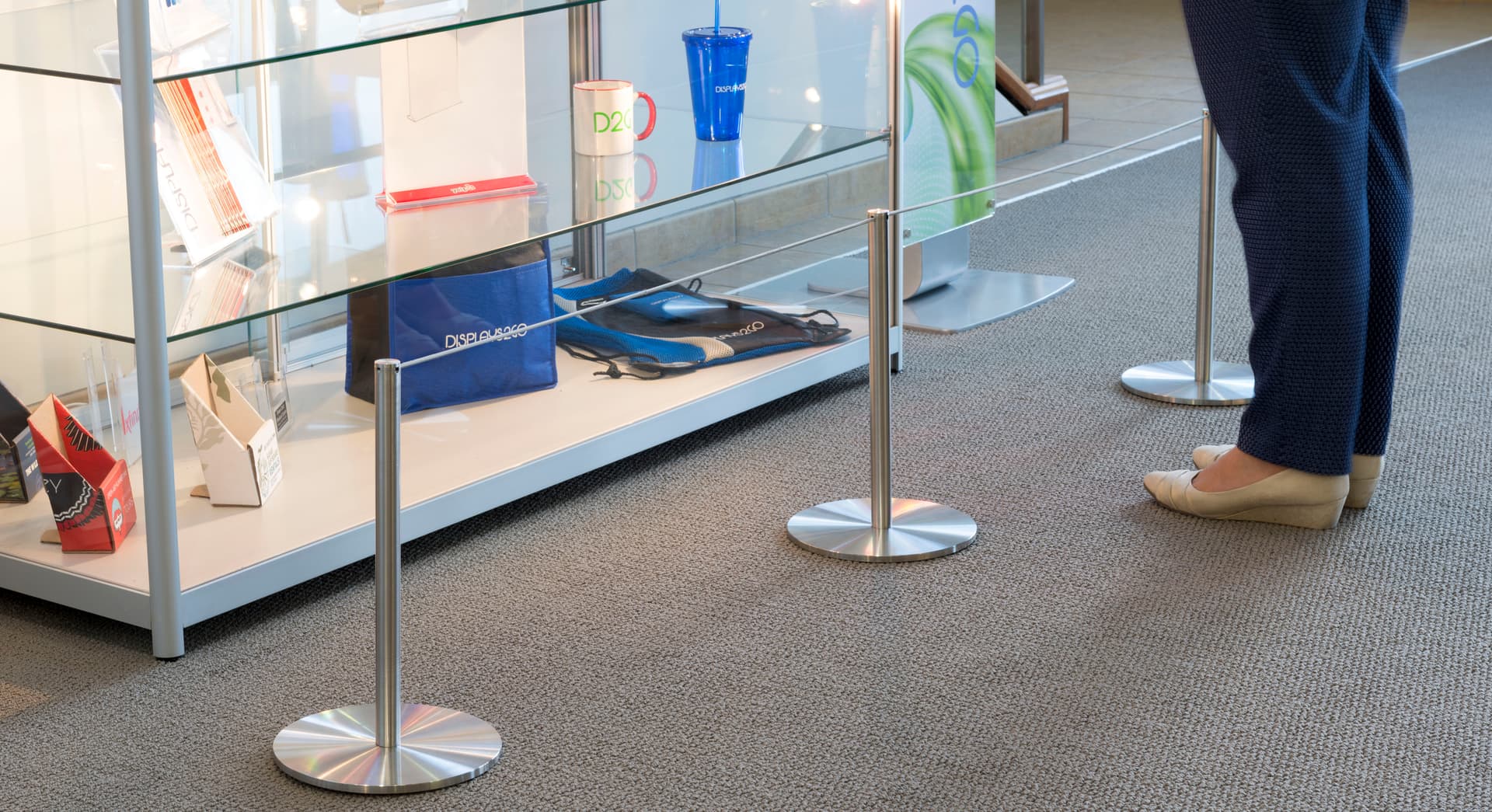 8-Barrier Silver Low Profile Stanchion Set Surrounding Museum Display Case