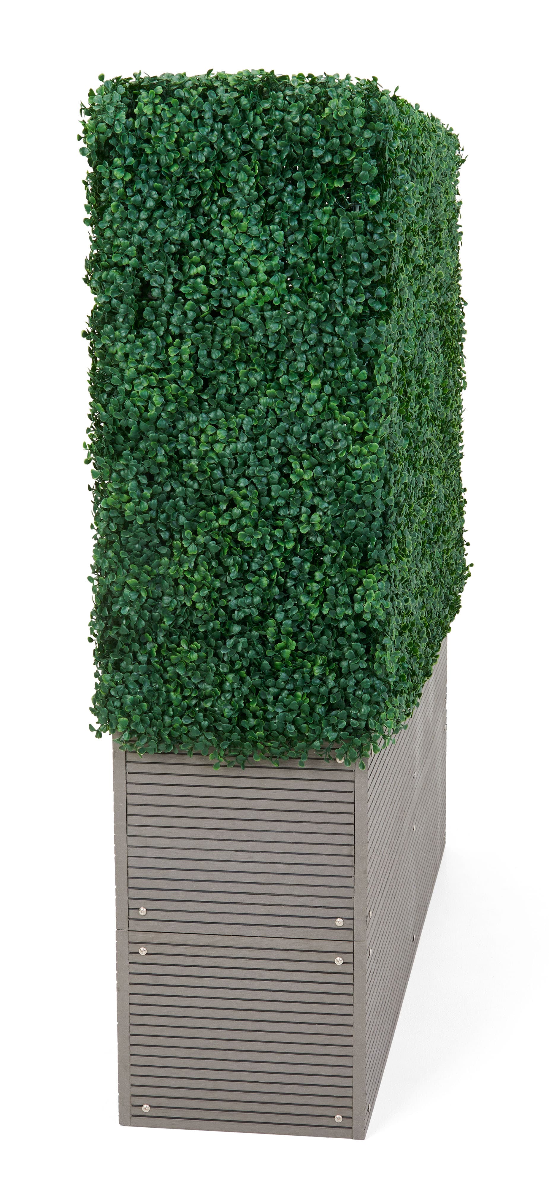 Artificial boxwood hedge with planter box and sleek 13.7 inch deep profile