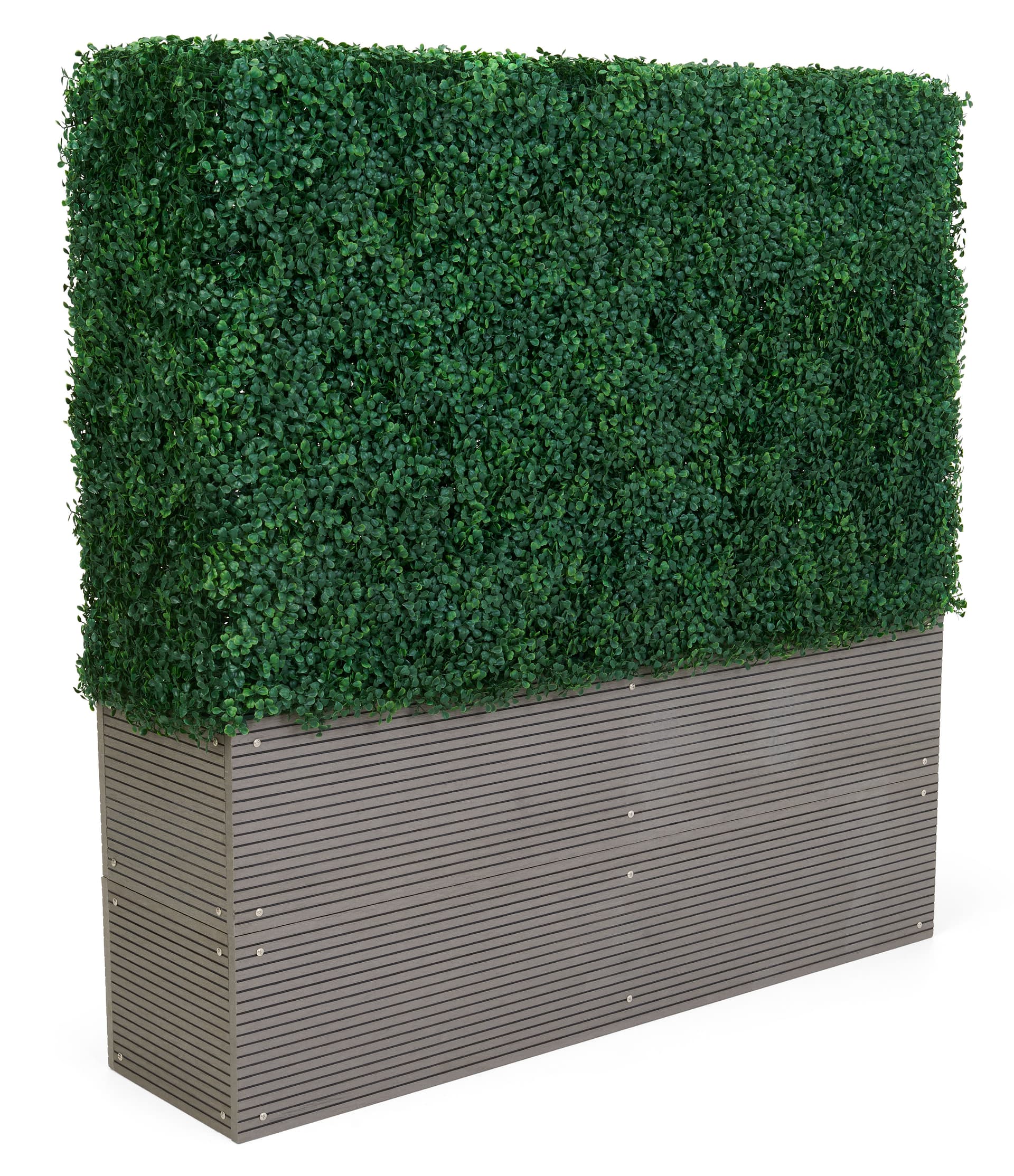 Artificial boxwood hedge with planter box and weatherproof design