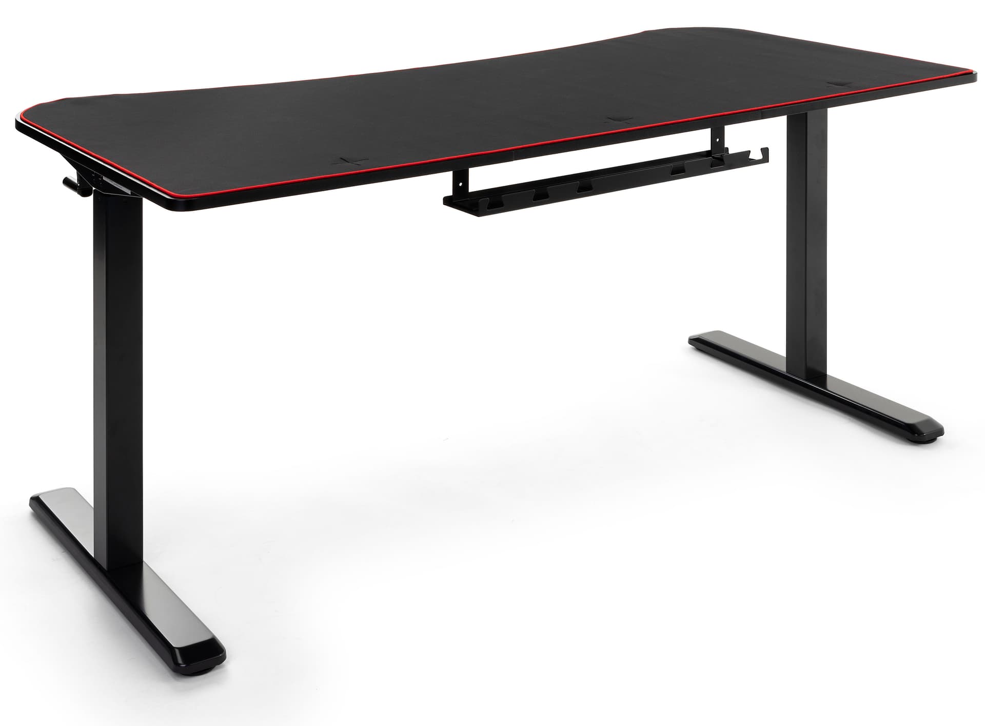 Adjustable computer desktop features steel matte black t-leg base 