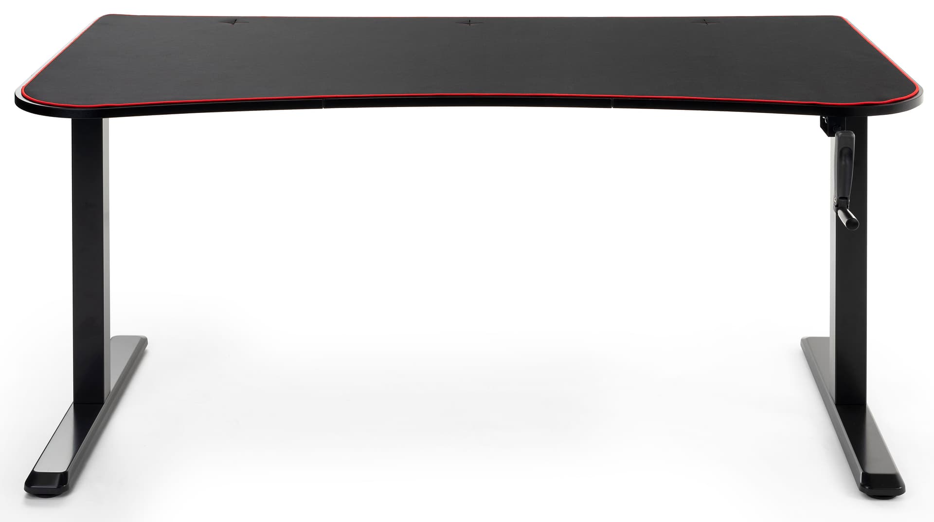 Adjustable computer desktop features ultra-wide mouse pad tabletop with red border