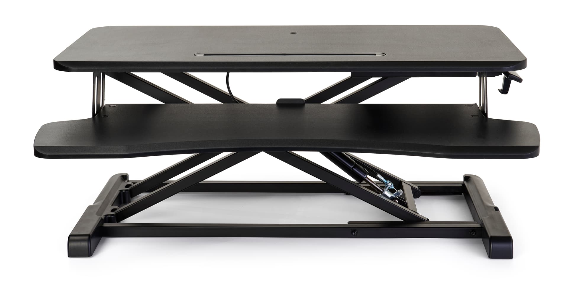 Gas-lift sit-stand desk converter with keyboard tray 