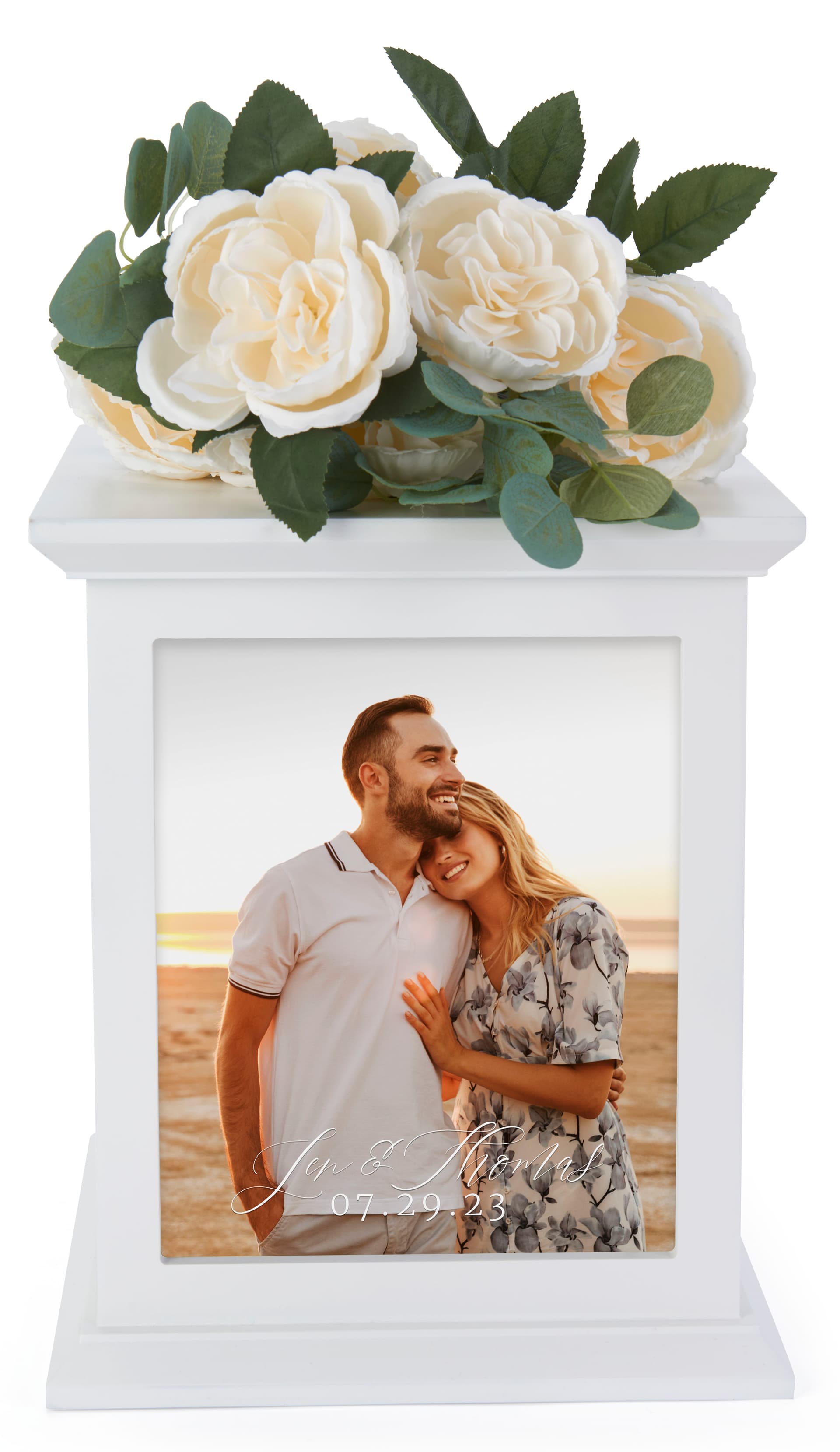 White card box with photo frame measures 11 inches wide by 14 inches tall 
