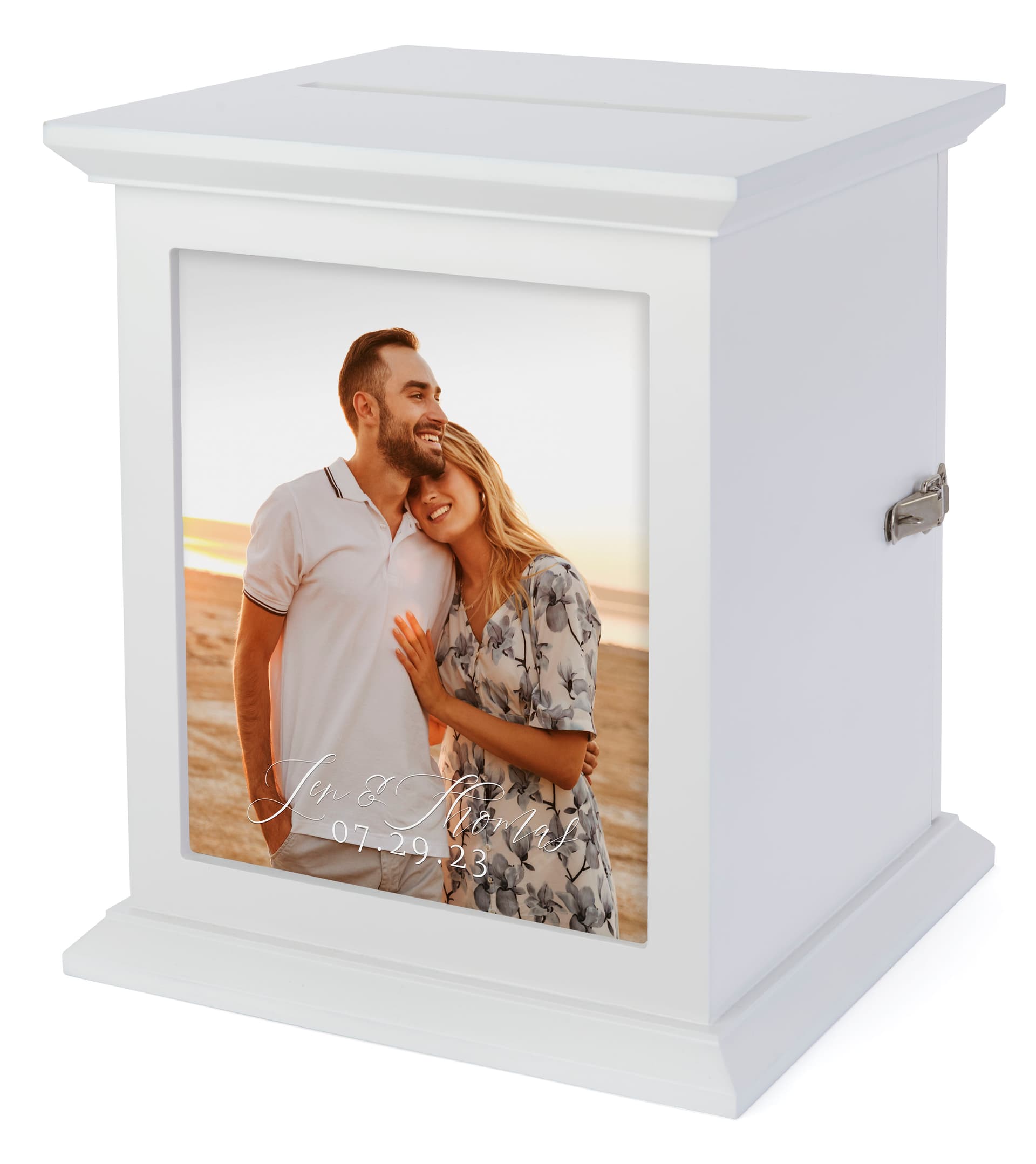 White card box with photo frame and metal latch closure 