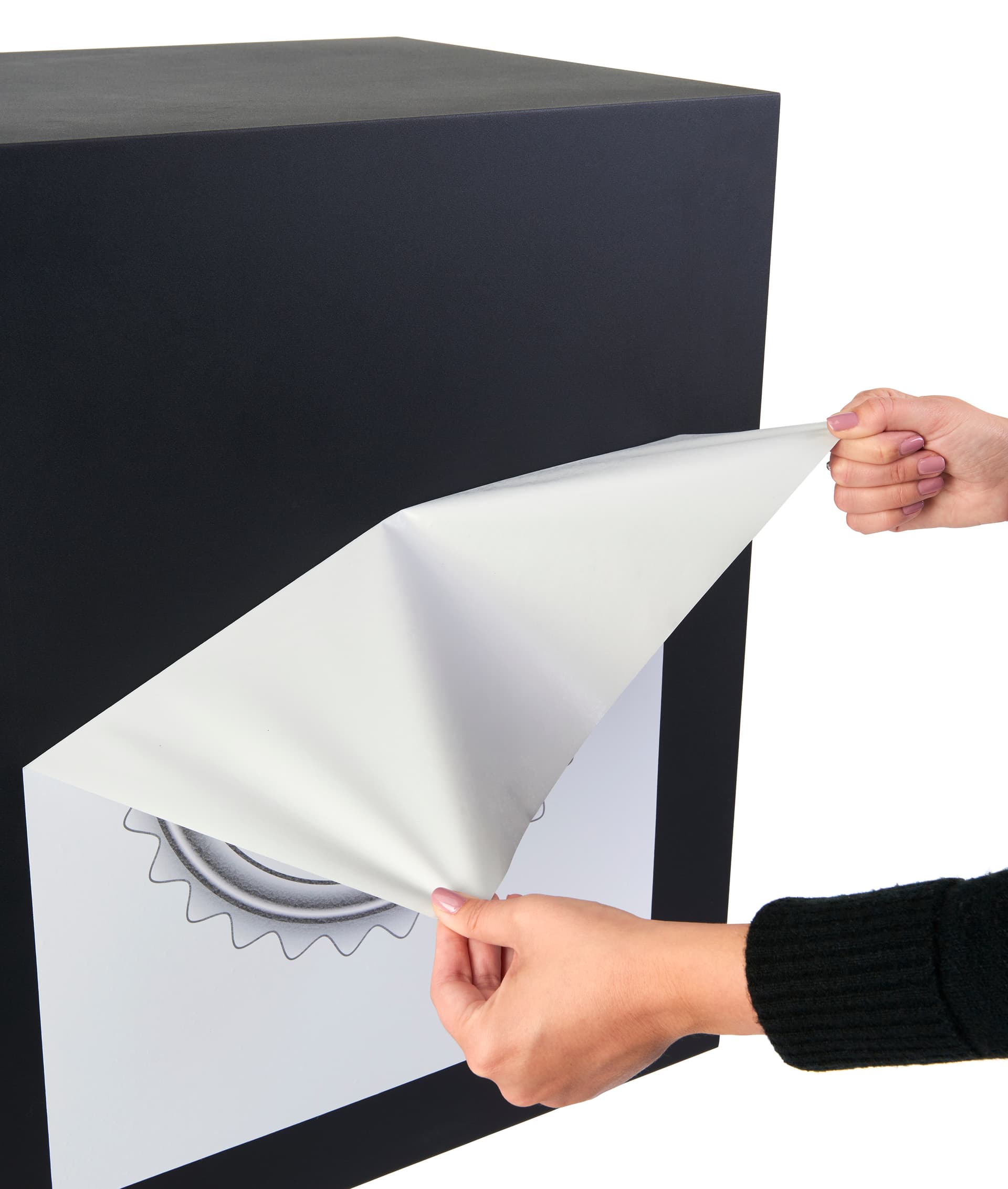 Custom adhesive graphic for FDHDBBP1 pedestal drop box leaves no sticky residue behind