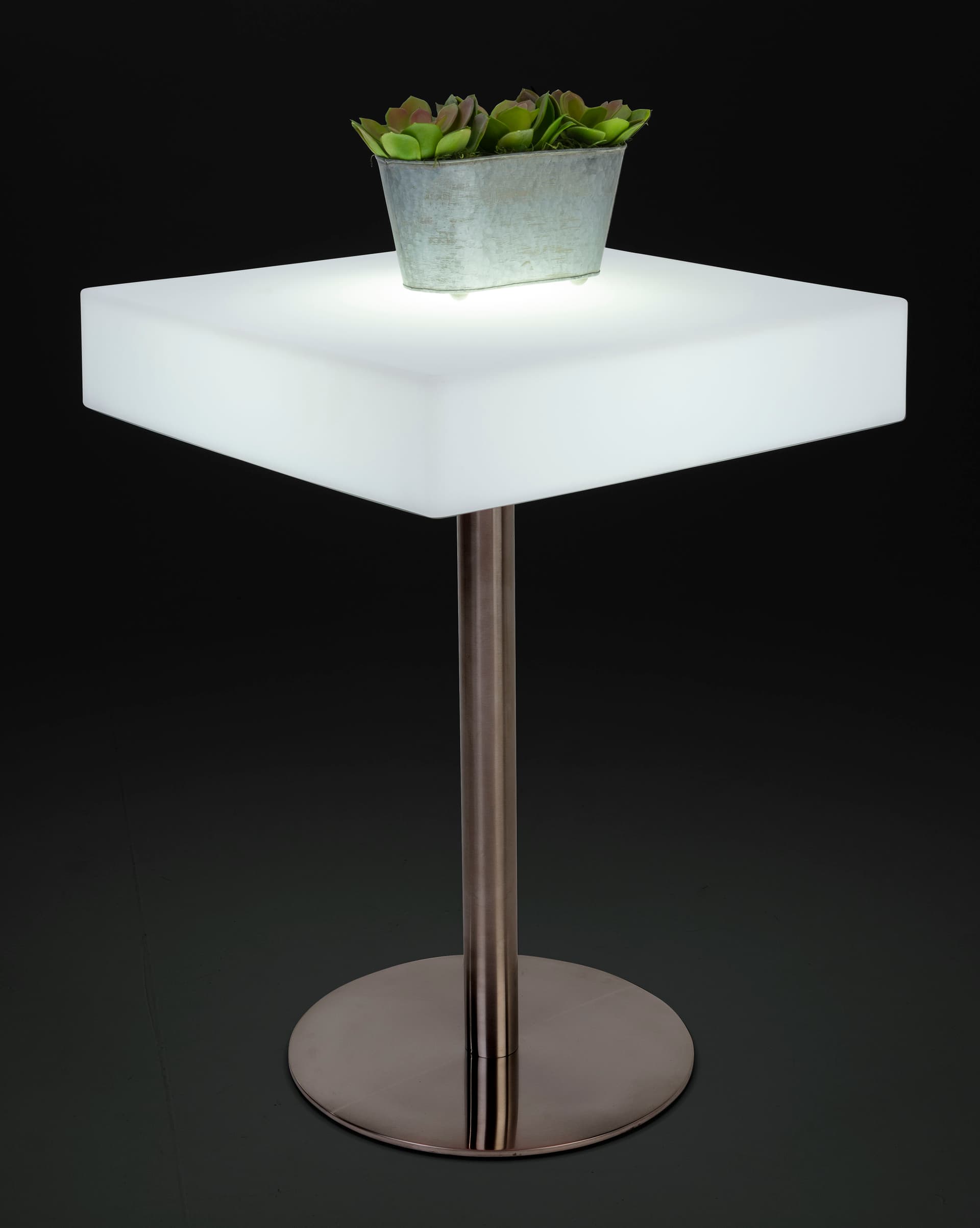 Square glow top bar table illuminated in white shown with a small planter