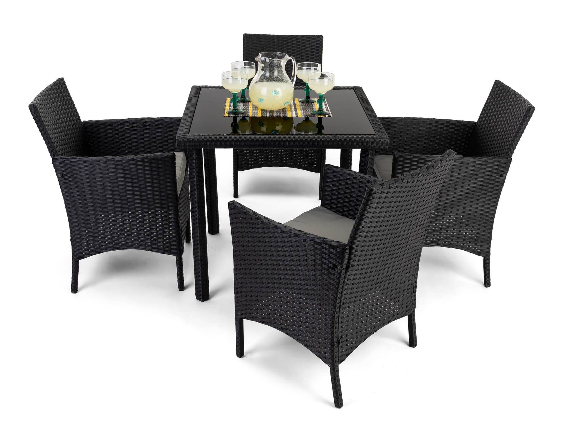 5 Piece rattan outdoor dining set with grey padded cushions