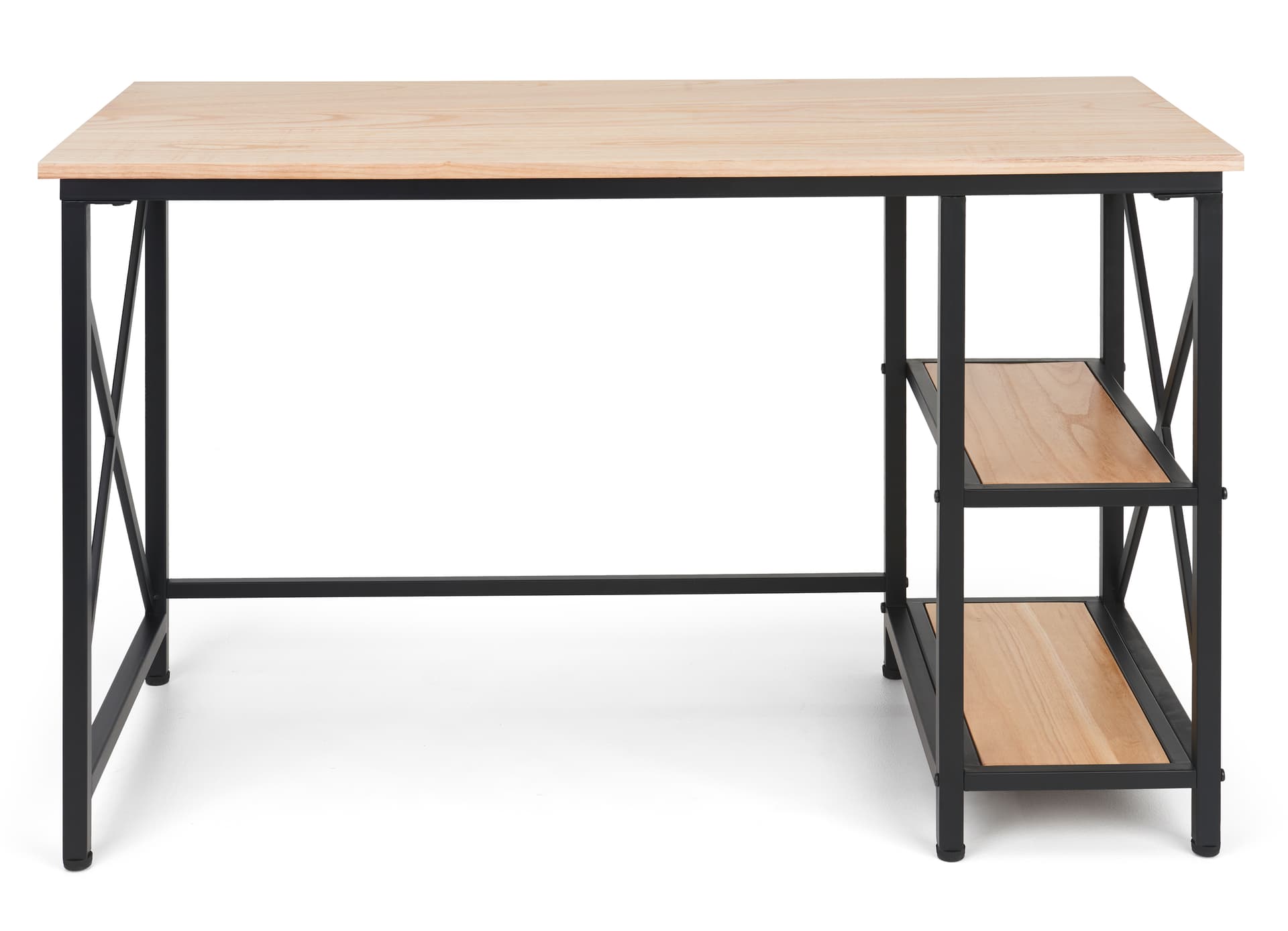 Wood and steel desk with steel foot bar across back