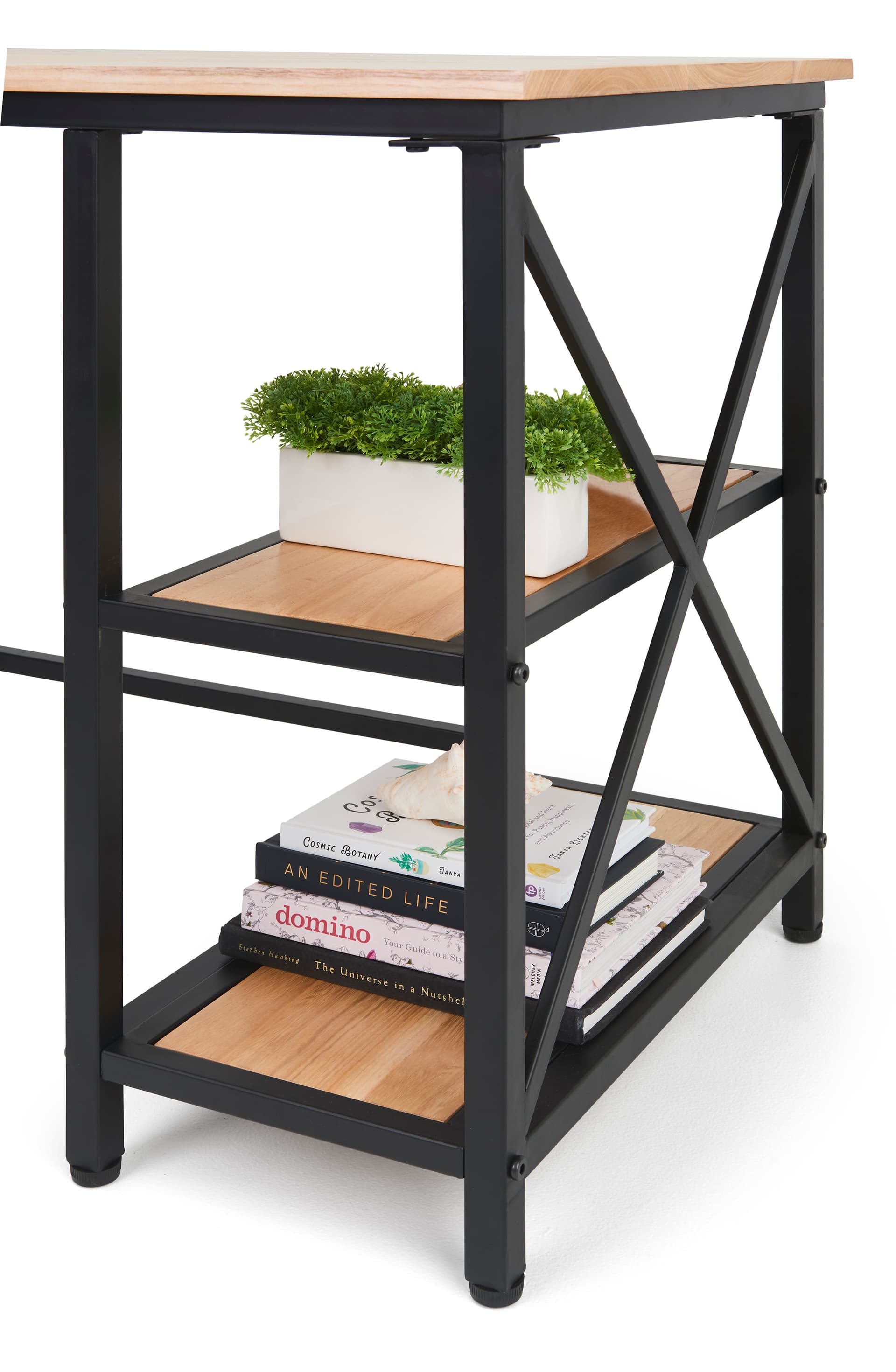 Wood and steel desk with two 21 inch deep built in shelves