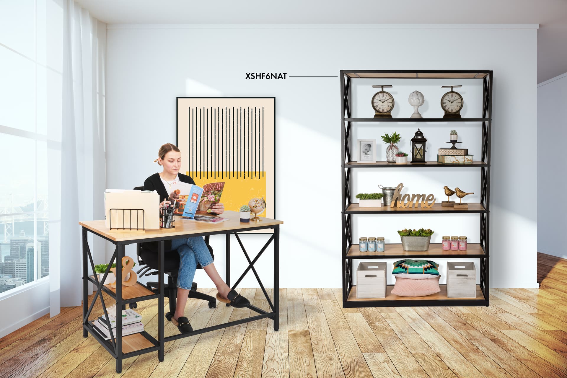 Wood and steel desk with matching shelving unit designs