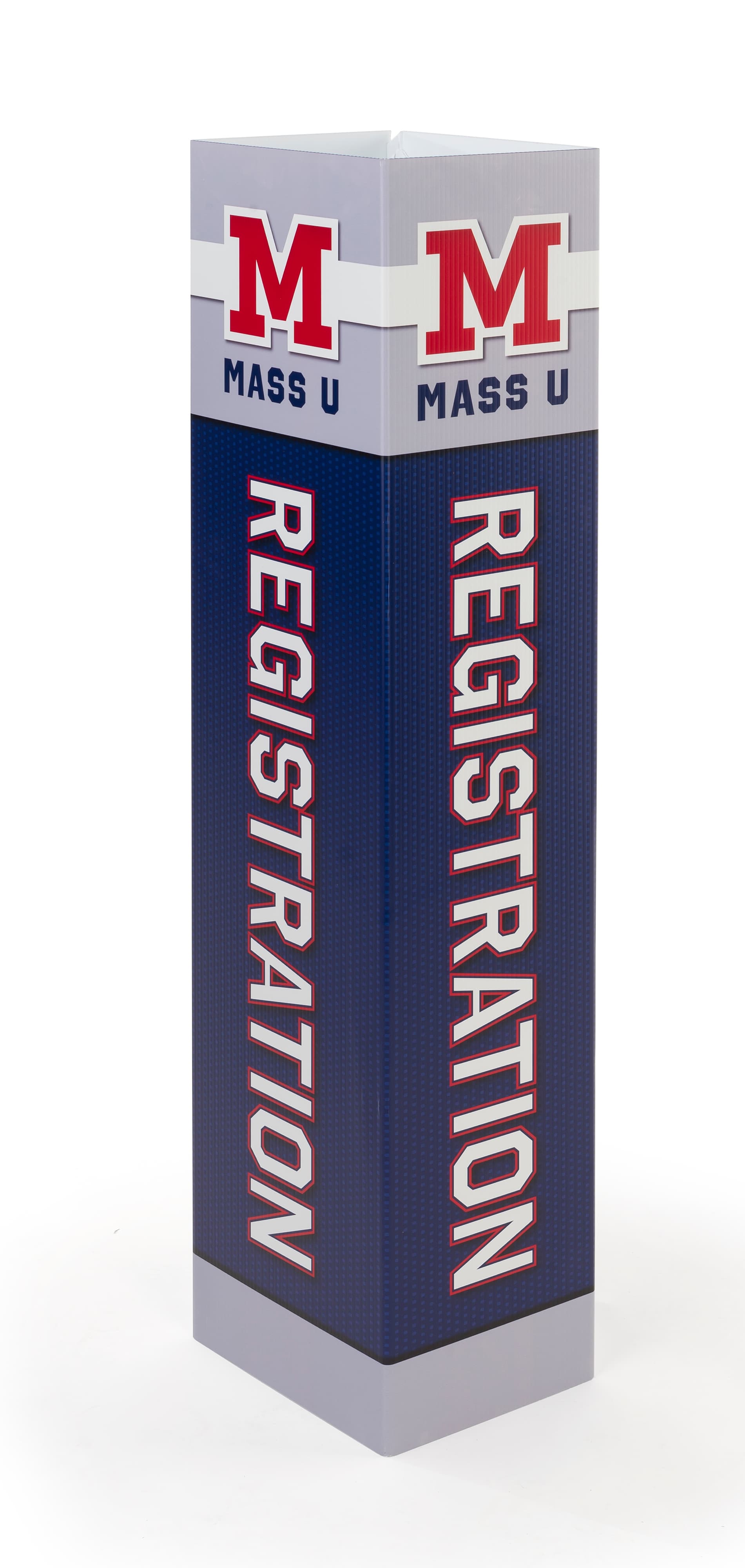 Square advertising bollard sign with four sided graphics