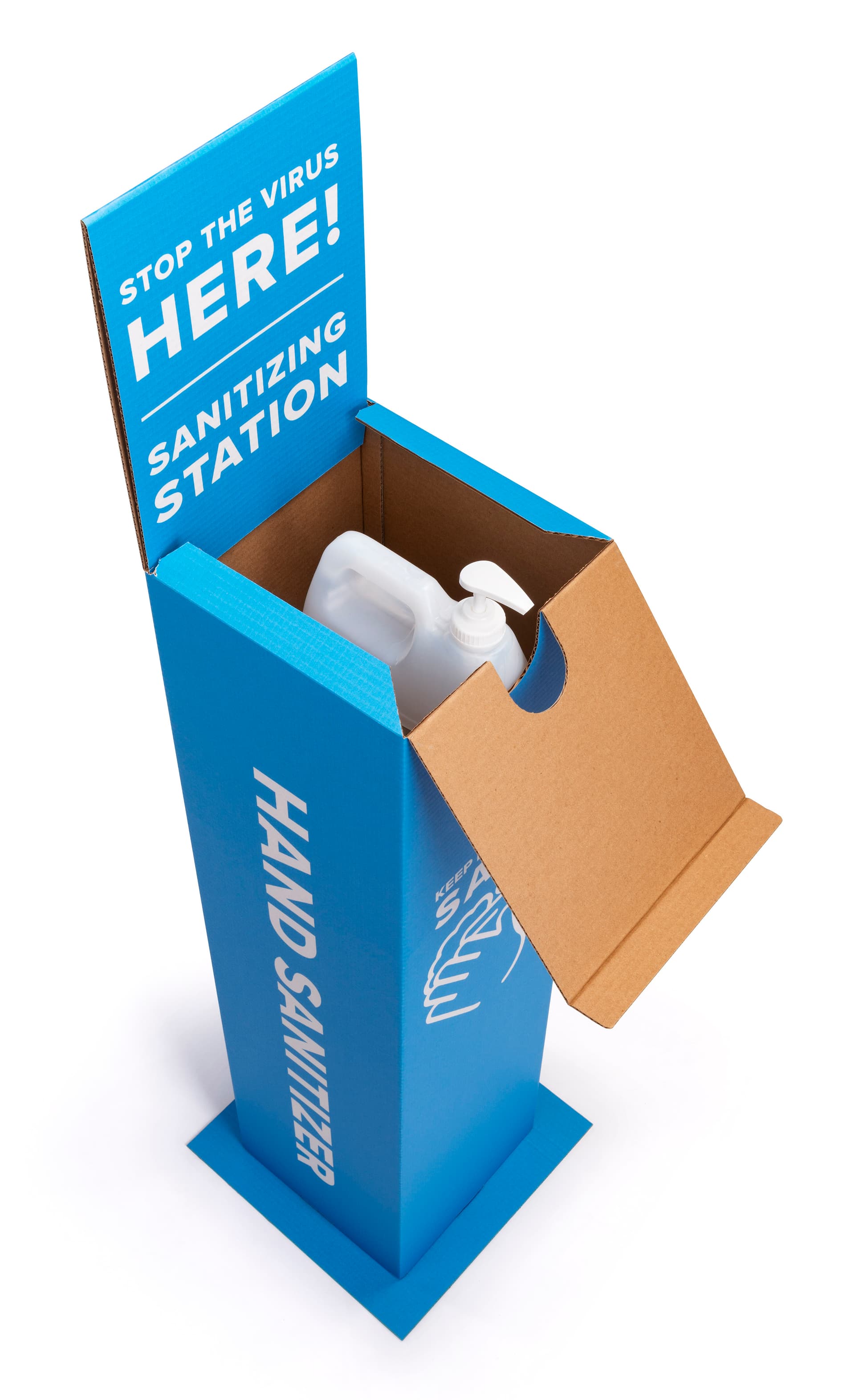 Cardboard hand sanitizer station with flip open top
