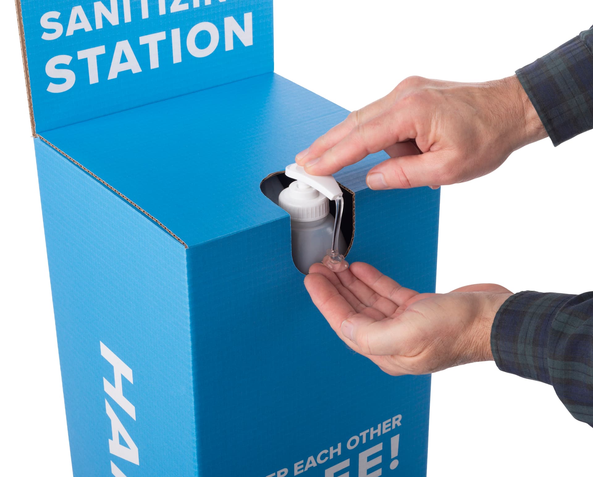 Cardboard hand sanitizer station with easy assembly 
