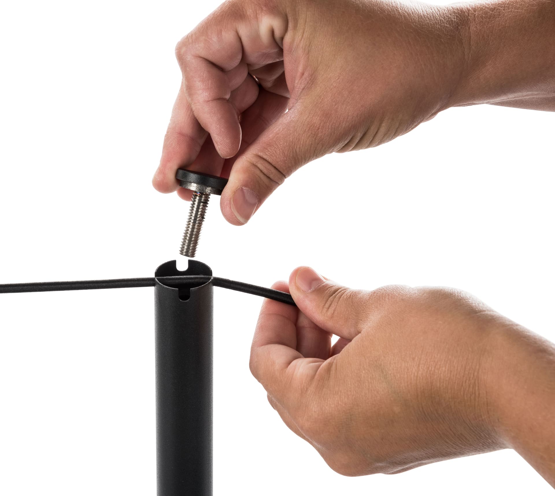 Showing the Attachment of 100-ft Black Elastic Stanchion Cord to Post