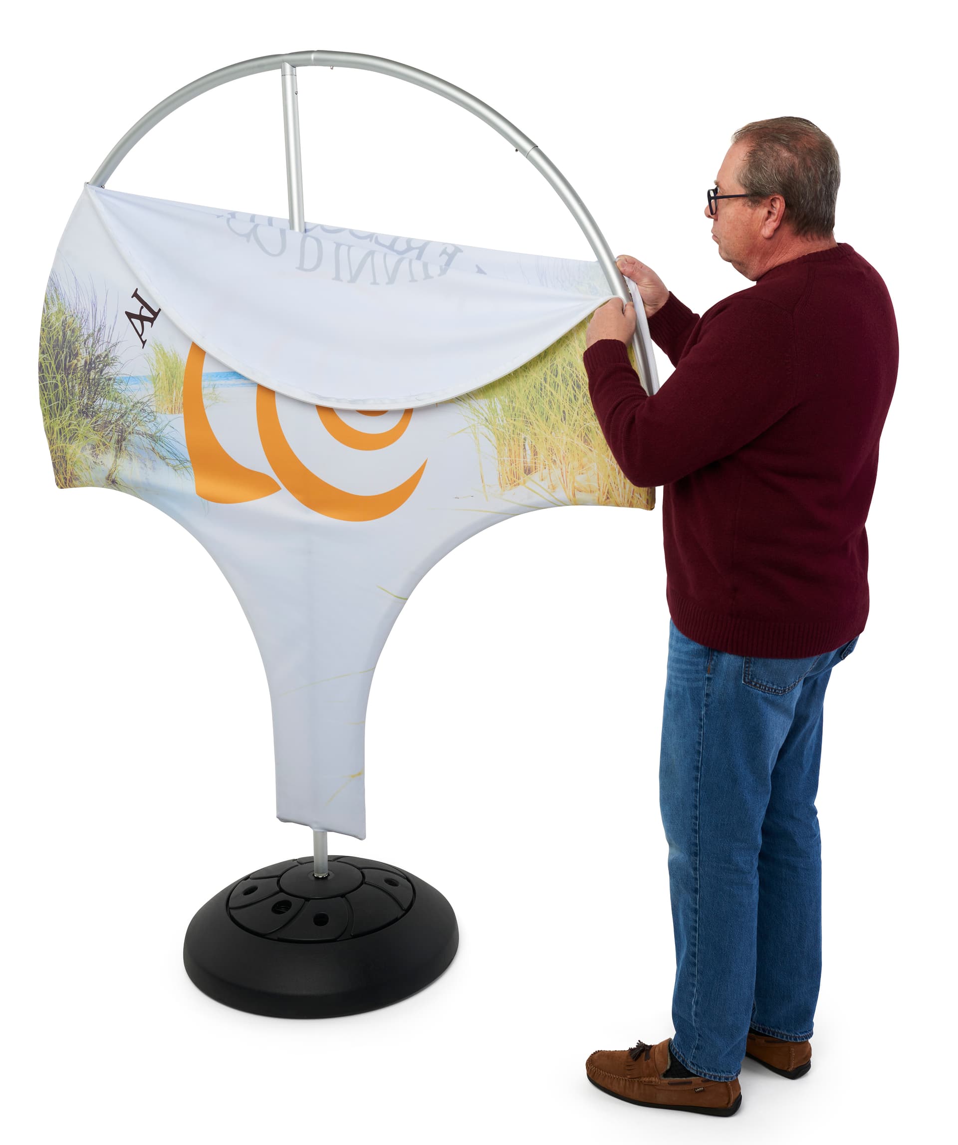 This fabric tube crowd barrier system with mushroom-style shape signage