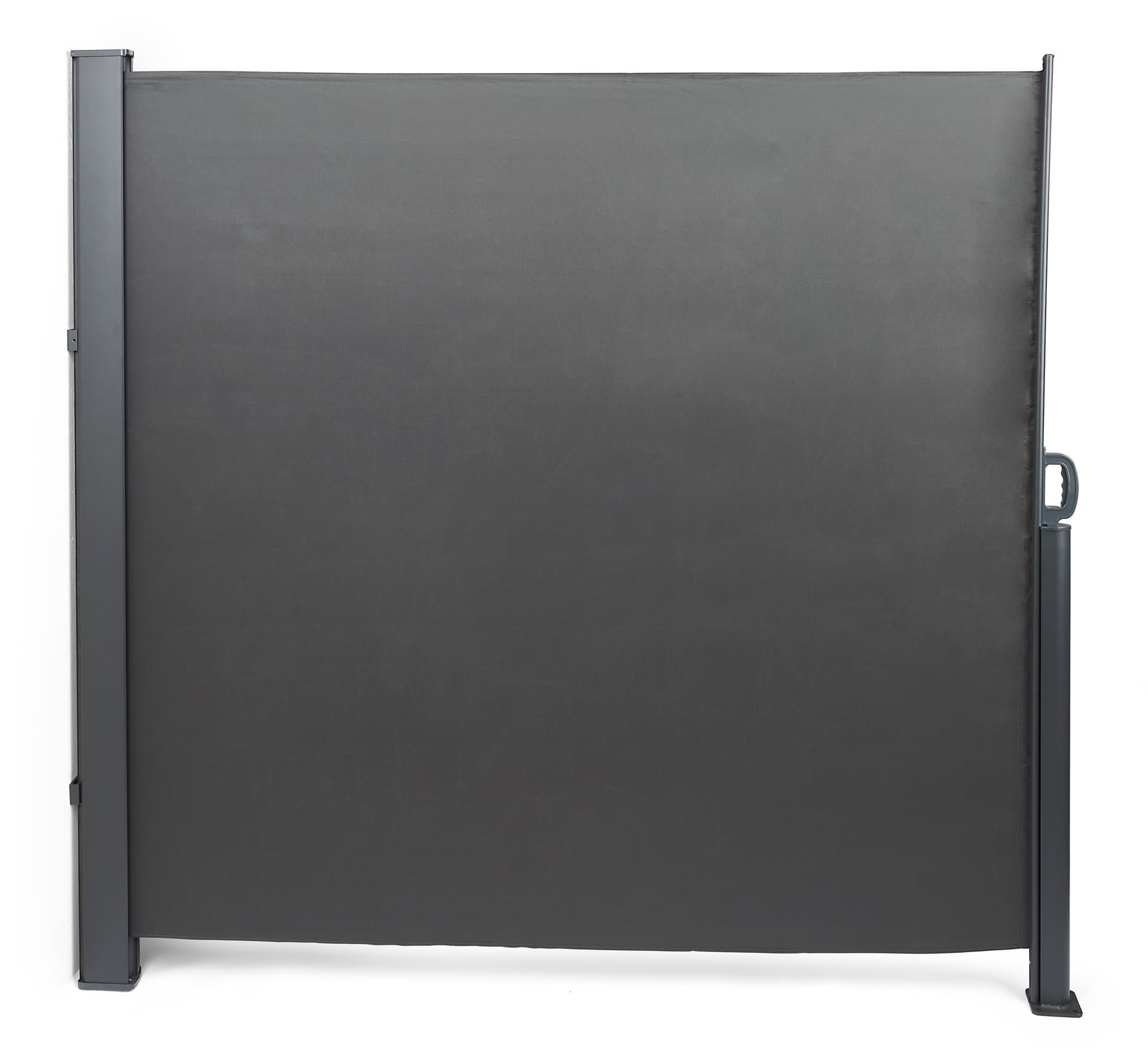 Retractable outdoor privacy divider is wall and floor mounted 