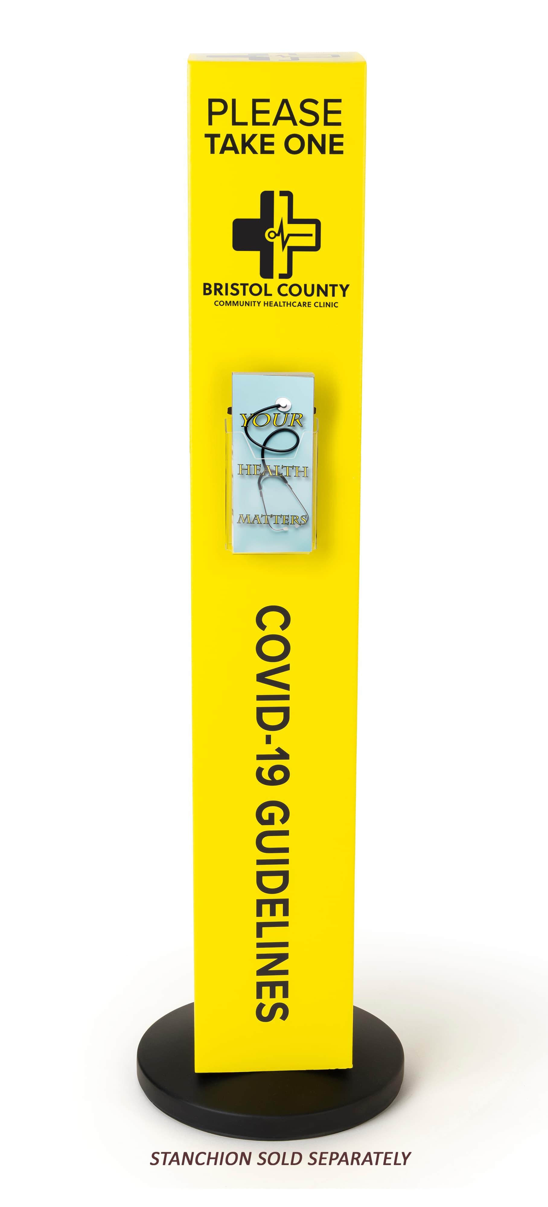 Custom stanchion sleeve with pamphlet holder with 8.5 inch width