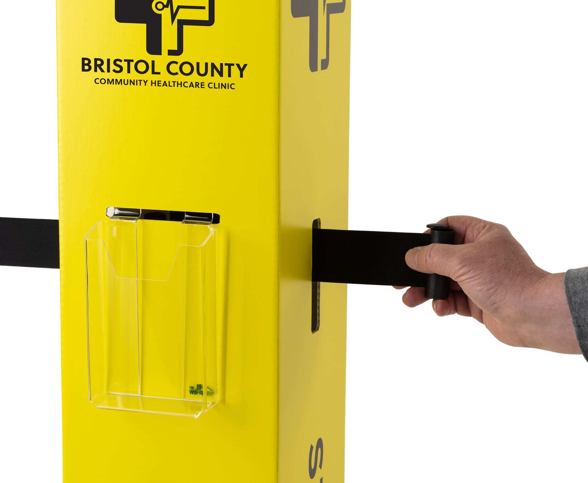 Custom stanchion sleeve with pamphlet holder with cardboard material