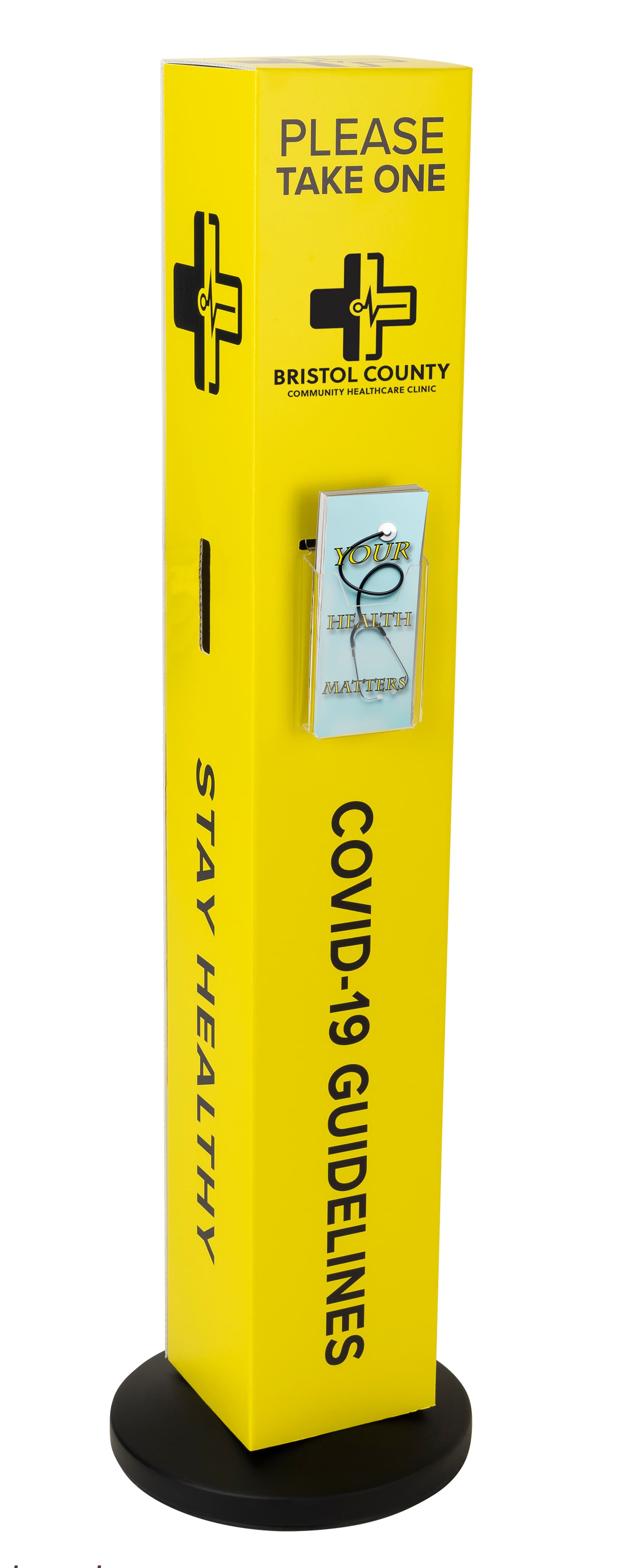 Custom stanchion sleeve with pamphlet holder with full color graphics