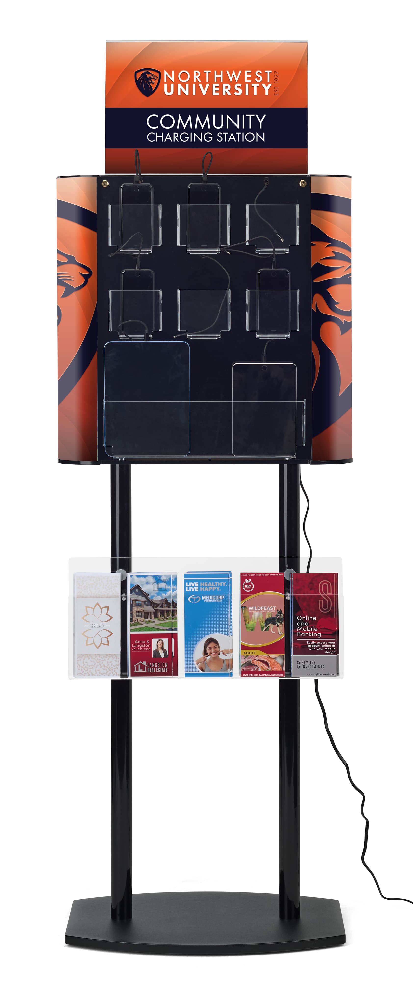 Public charging kiosk with 8 charging cables