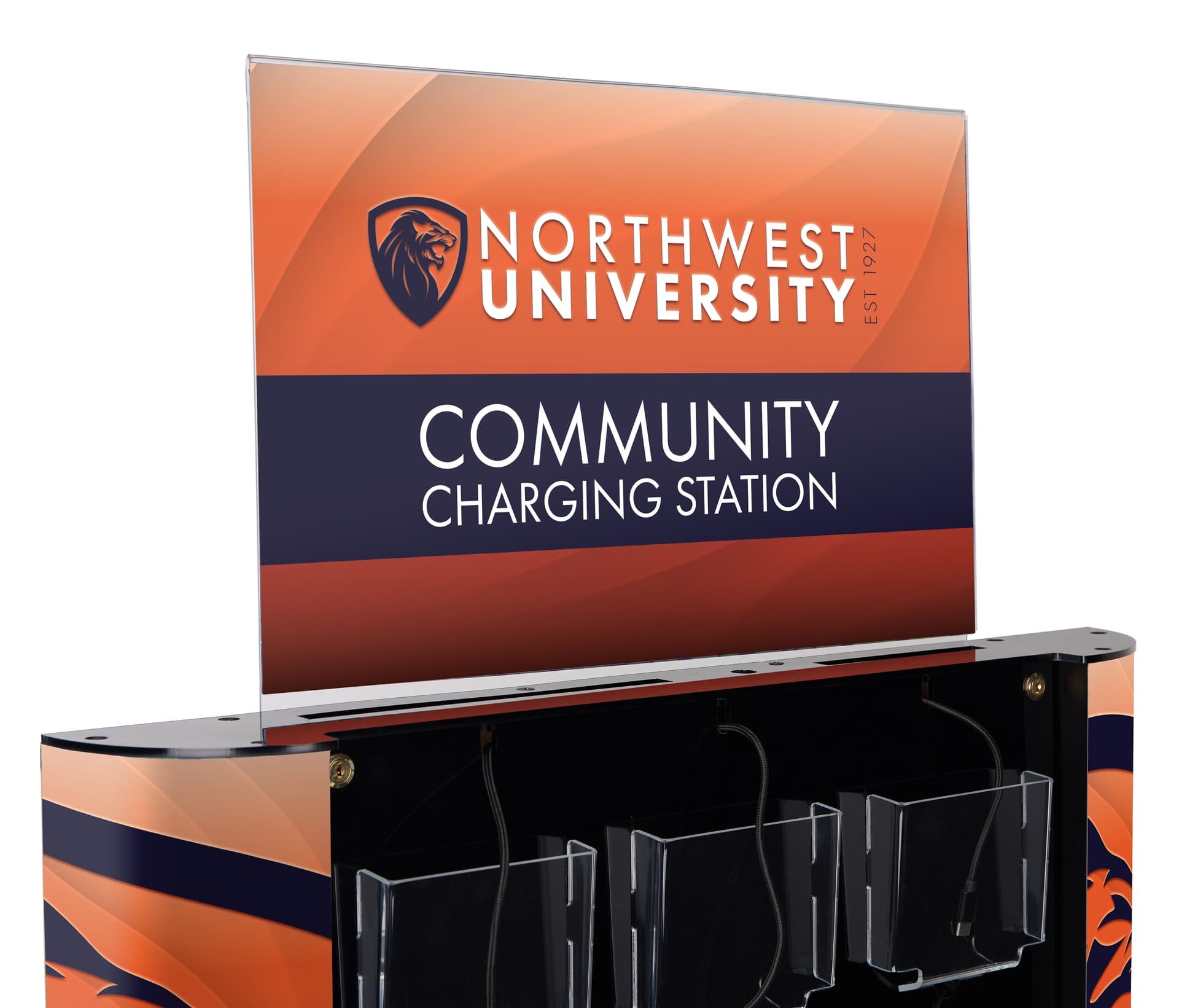 Public charging kiosk with top header acrylic sign