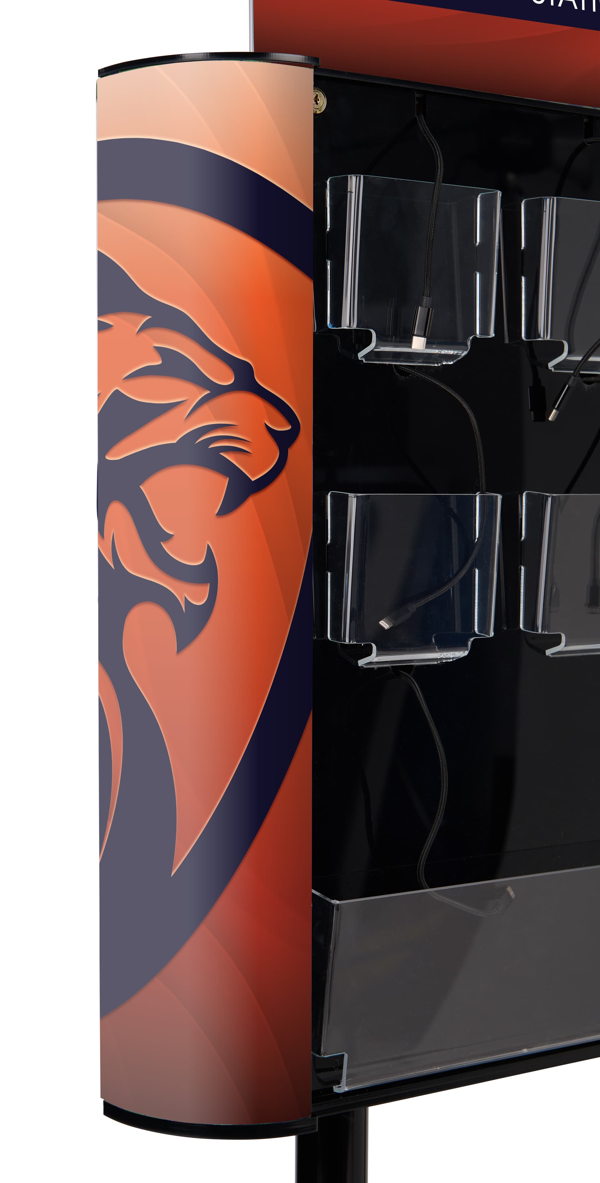Public charging kiosk with side panel adhesive graphics