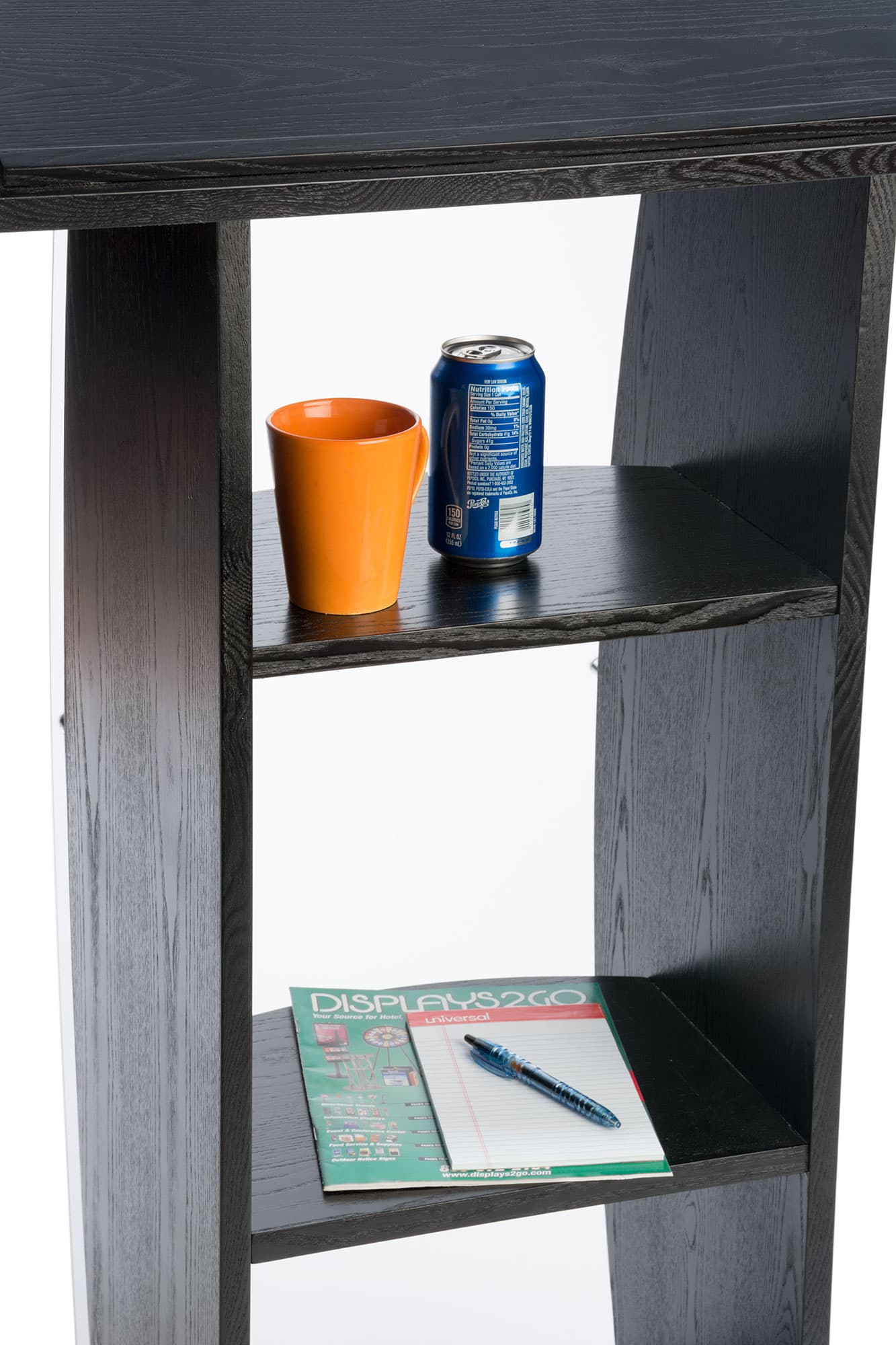 Black Lectern Stand Back View of Propped Shelves