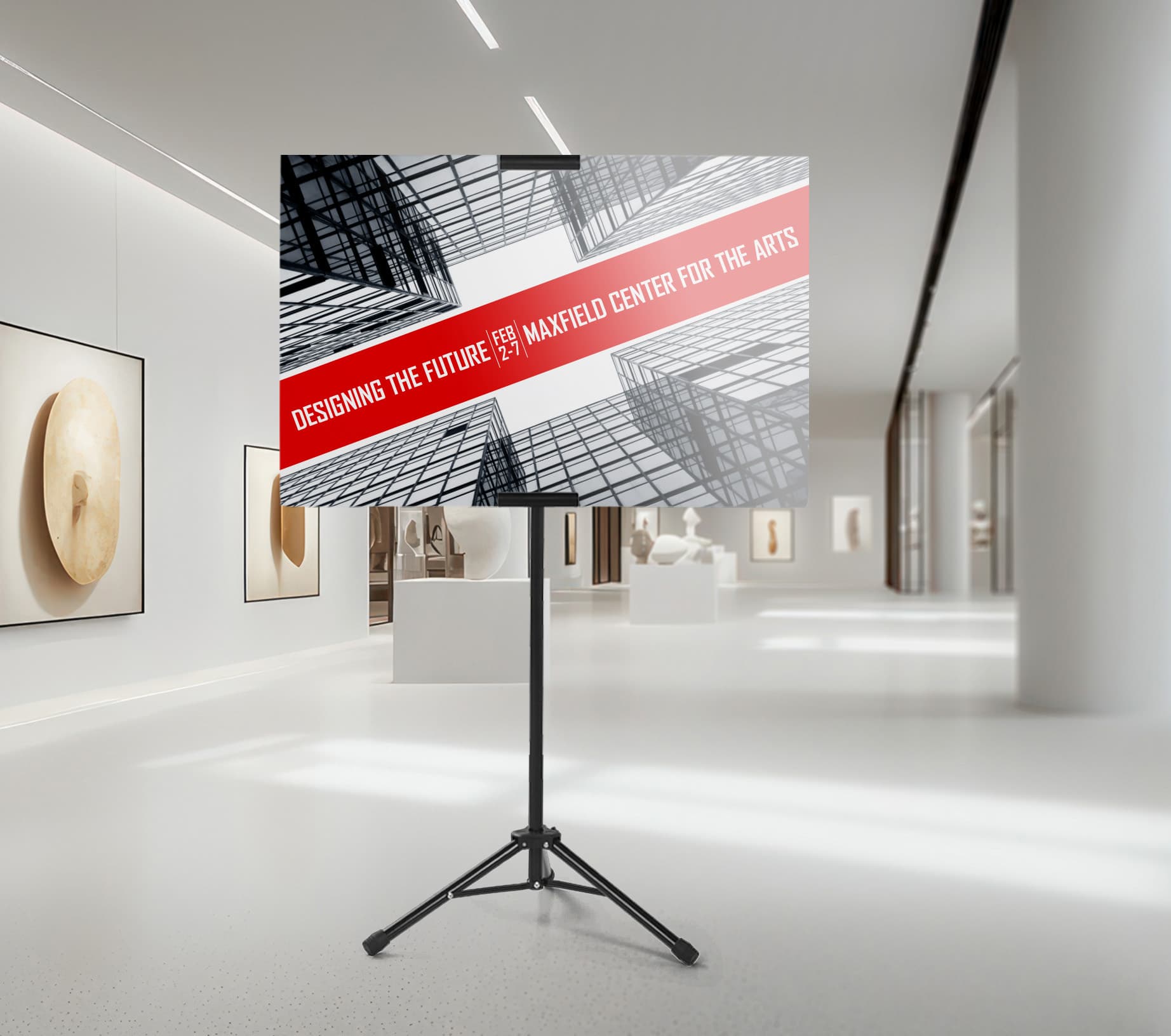 Tripod poster stand in gallery setting