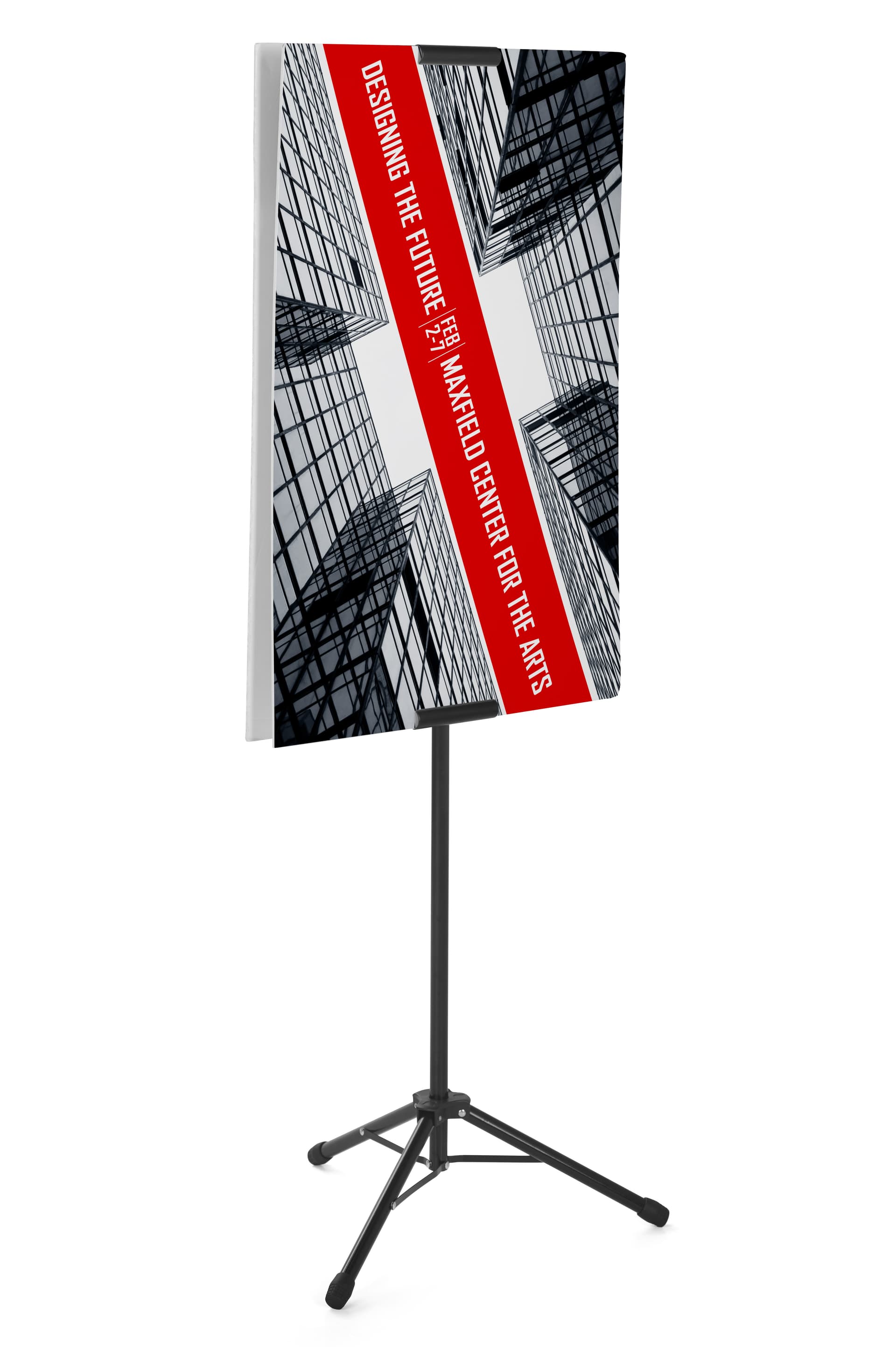 Tripod poster stand is dual sided for maximum visibility