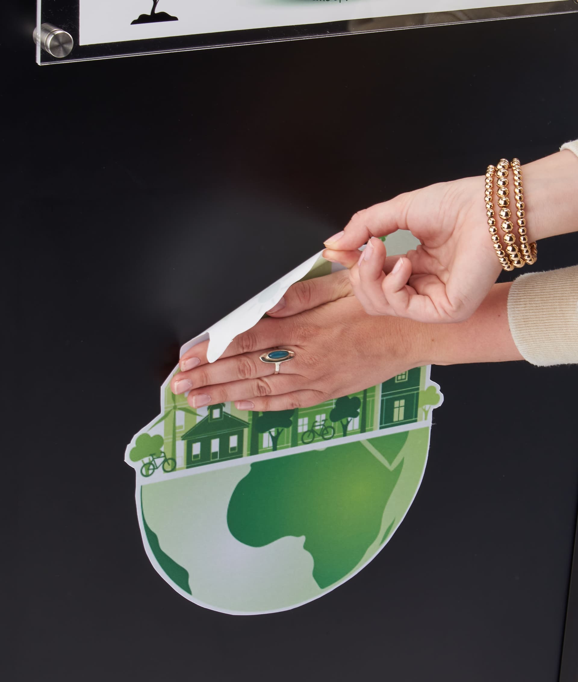 Custom floating standoff sign stand with repositionable lower graphic