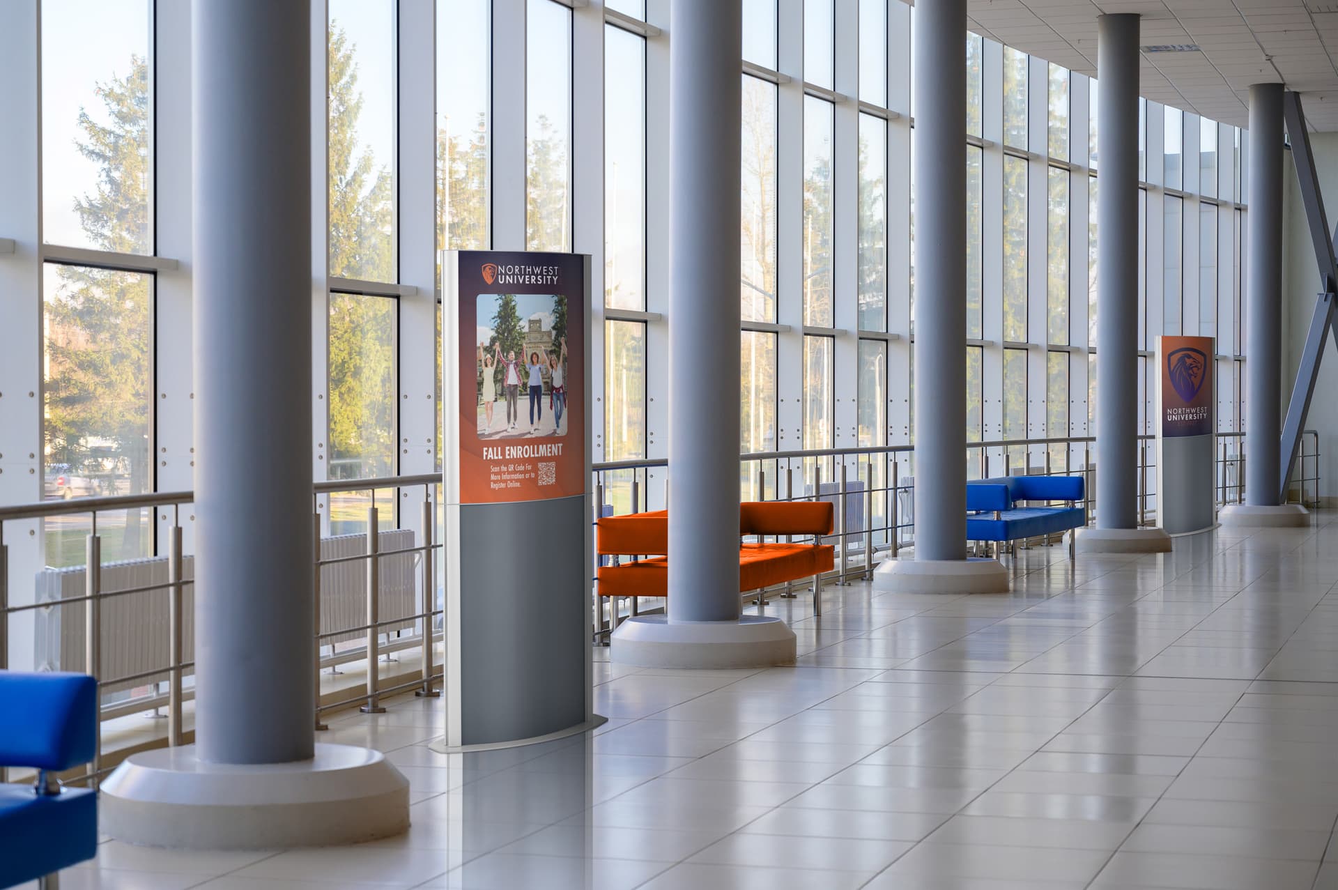 Floor standing poster holder in student commons