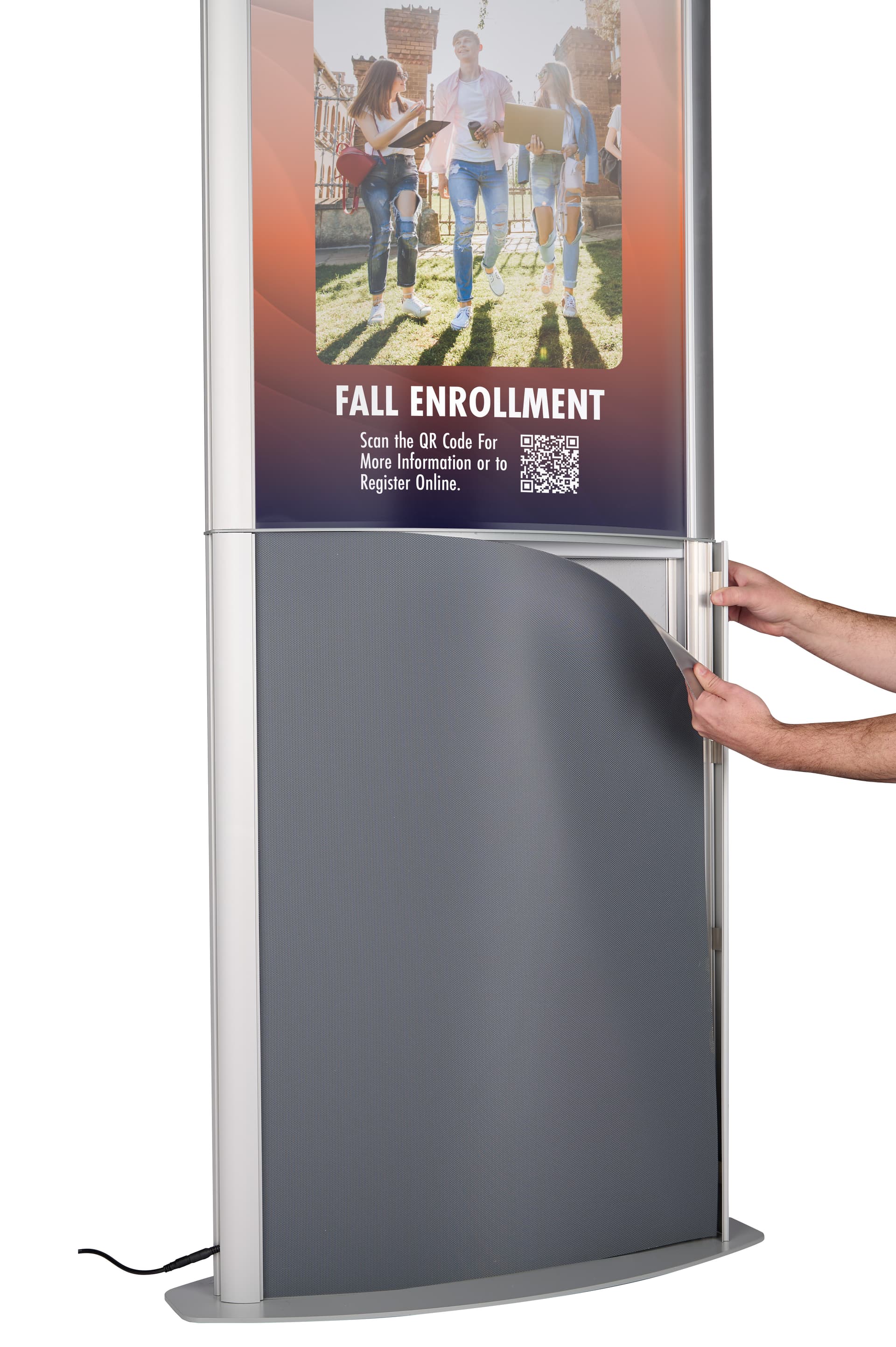 Illuminated poster floor stand in silver