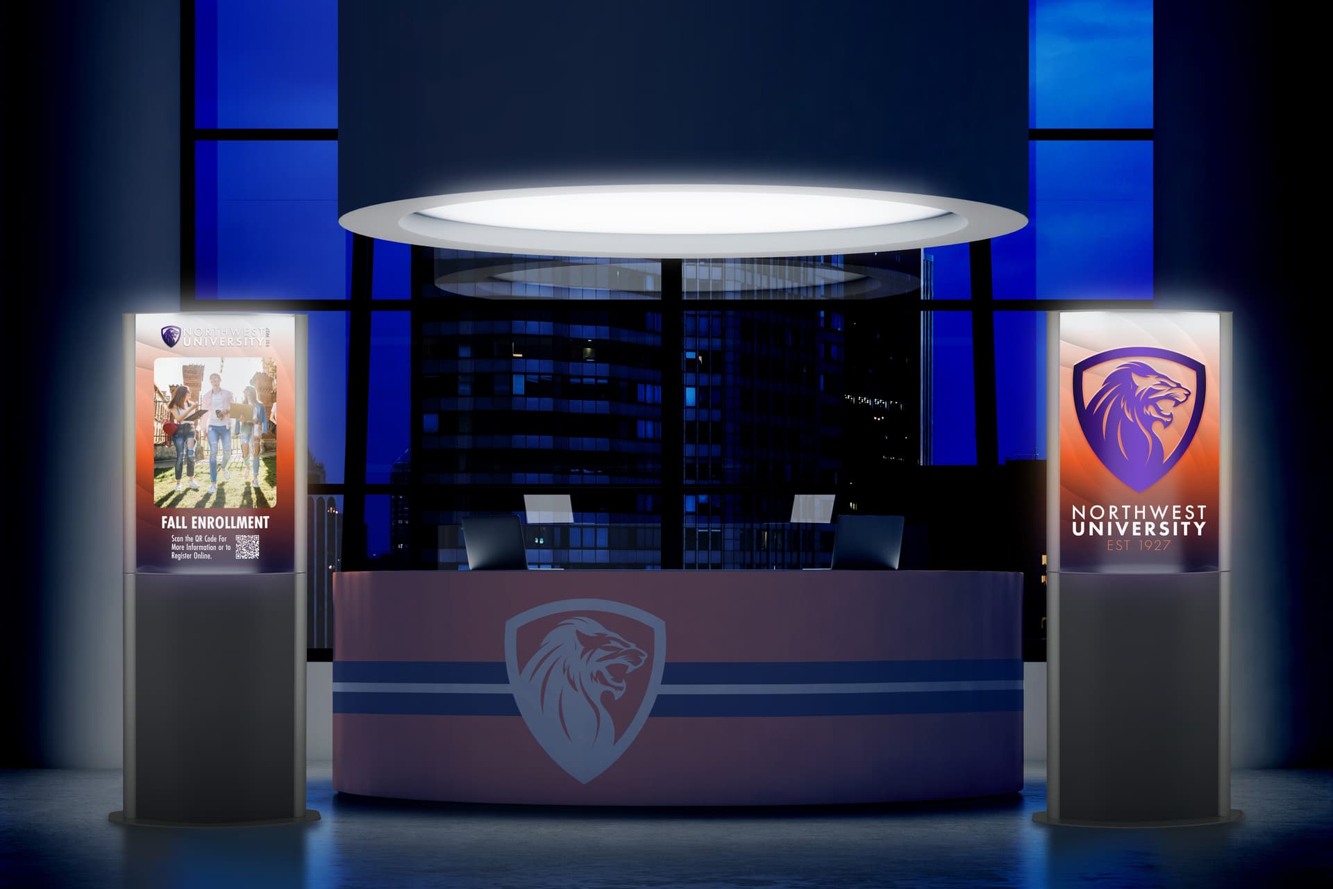 Illuminated poster floor stand in lobby