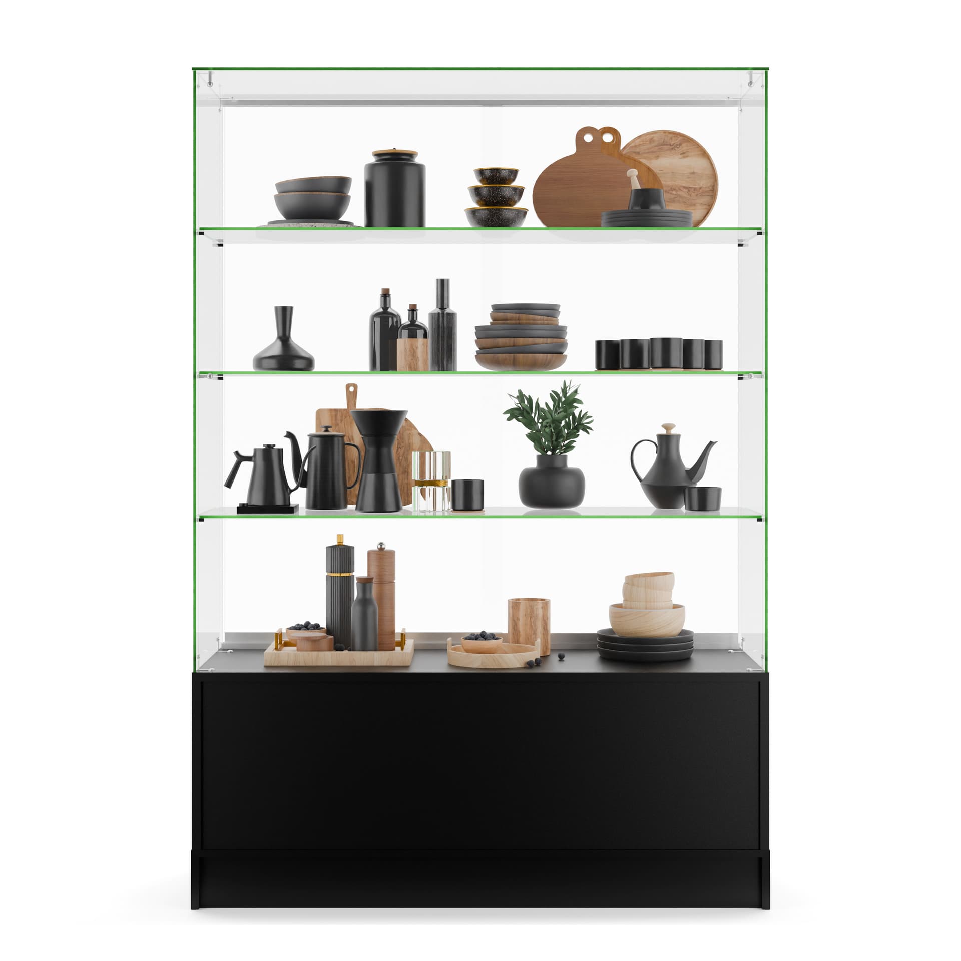 Free standing display case with fixed shelves