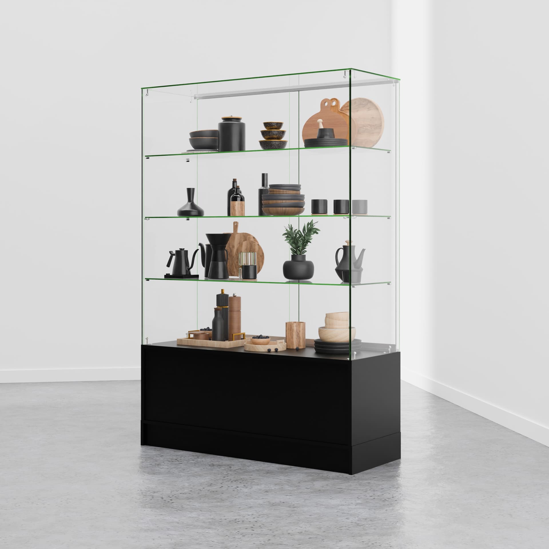 Free standing display case in retail space