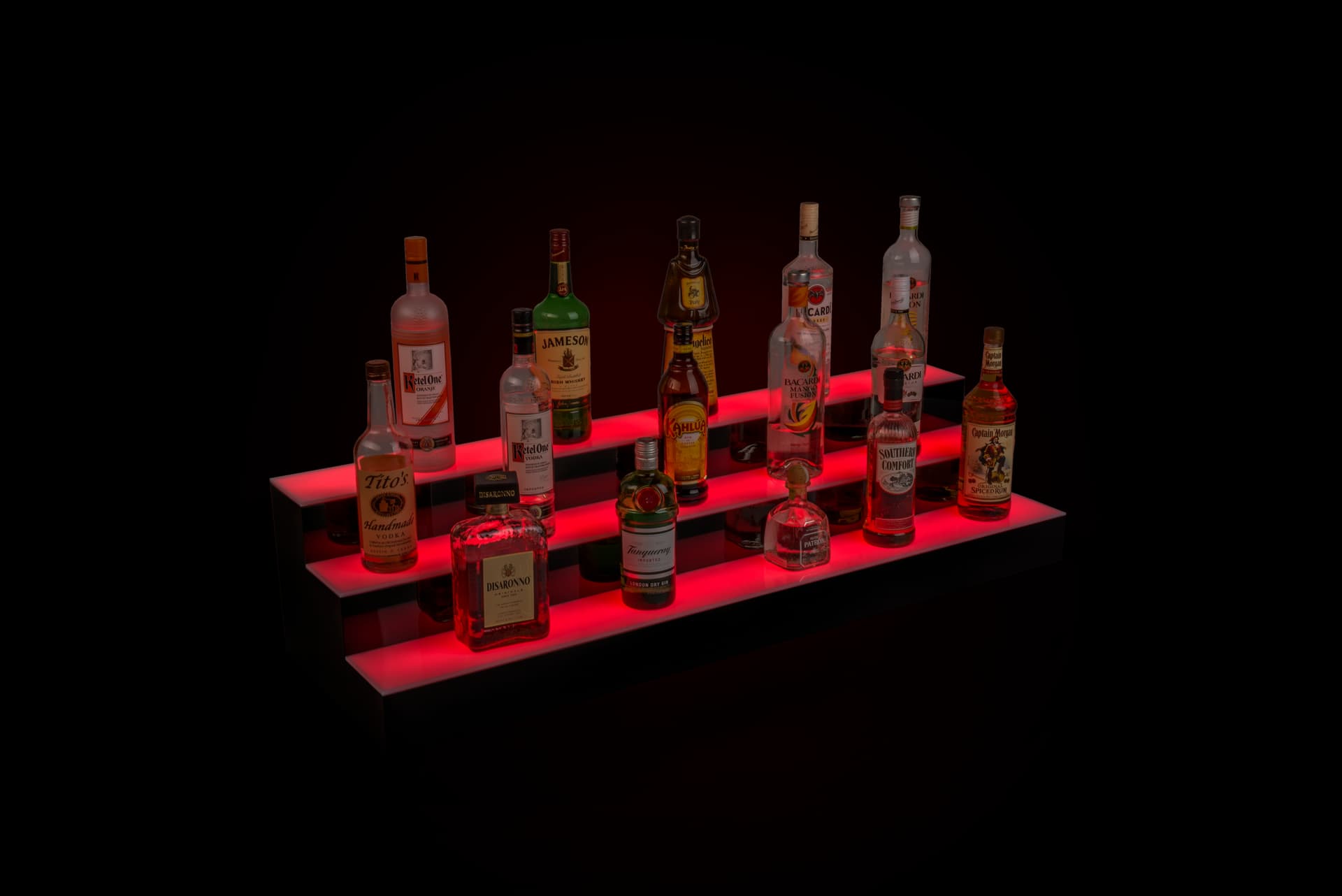 tiered LED liquor shelves with 12 hour battery life