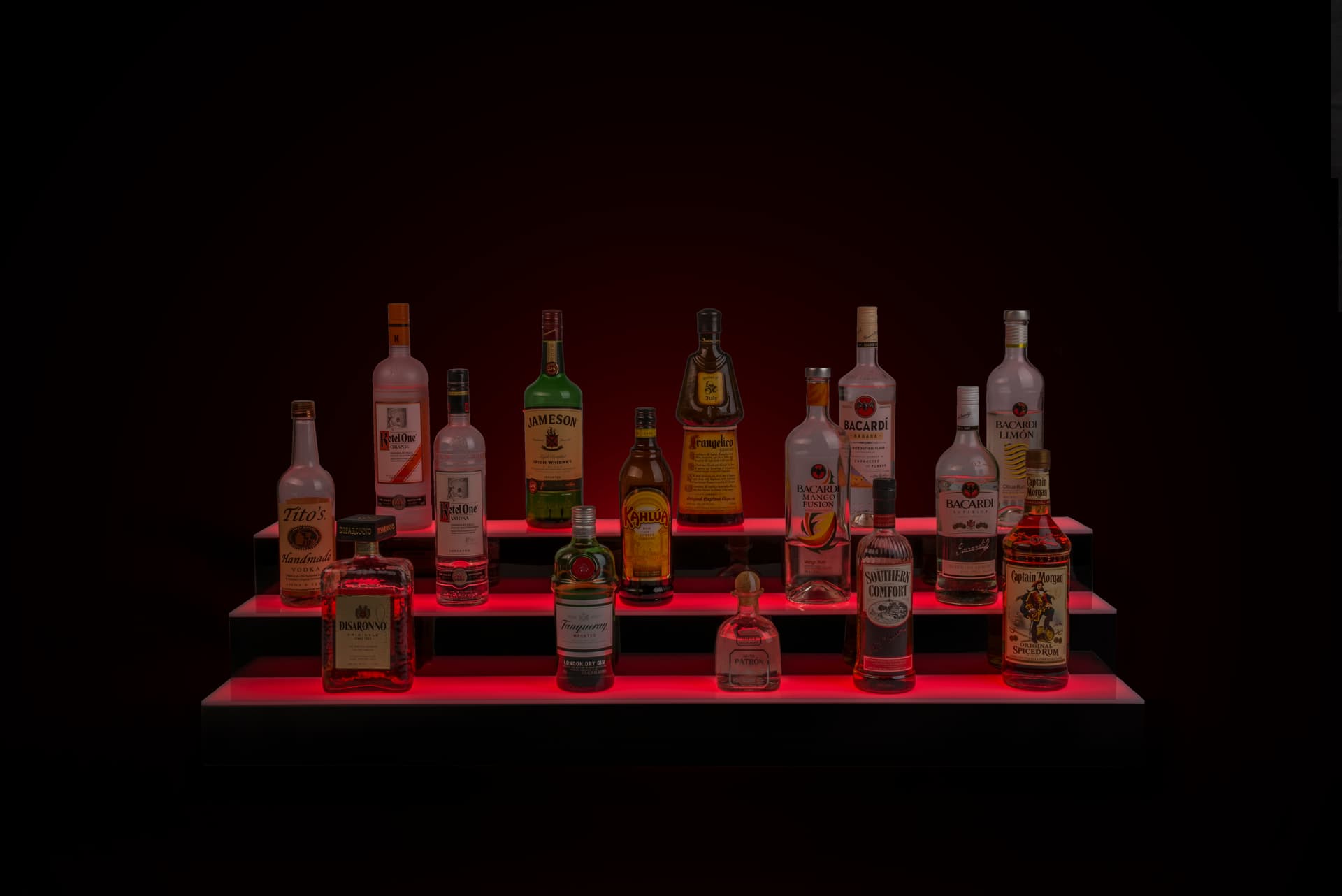 glowing tiered LED liquor shelves
