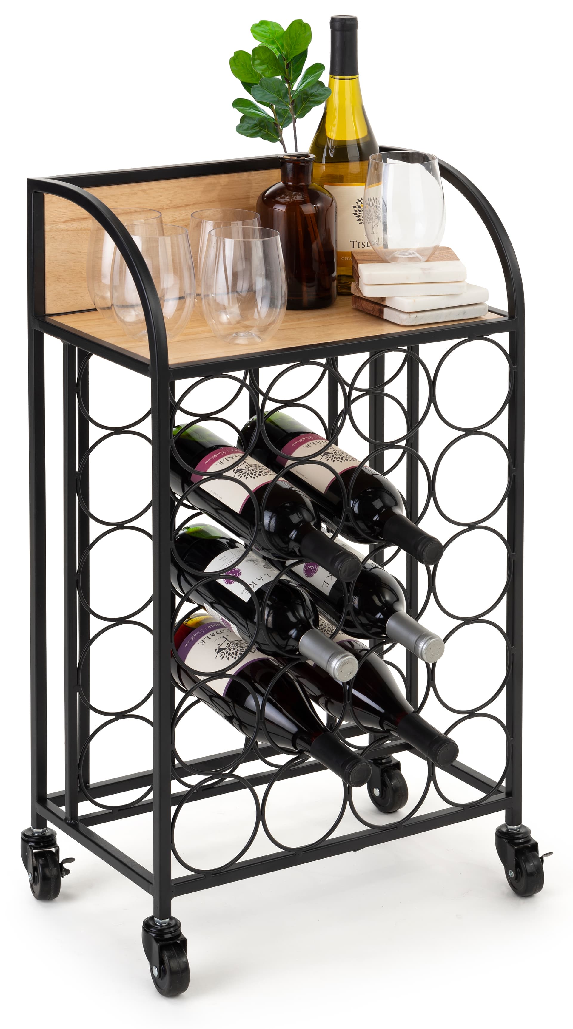 Wine rack with wheels measures 17 inches wide by 28 inches tall 
